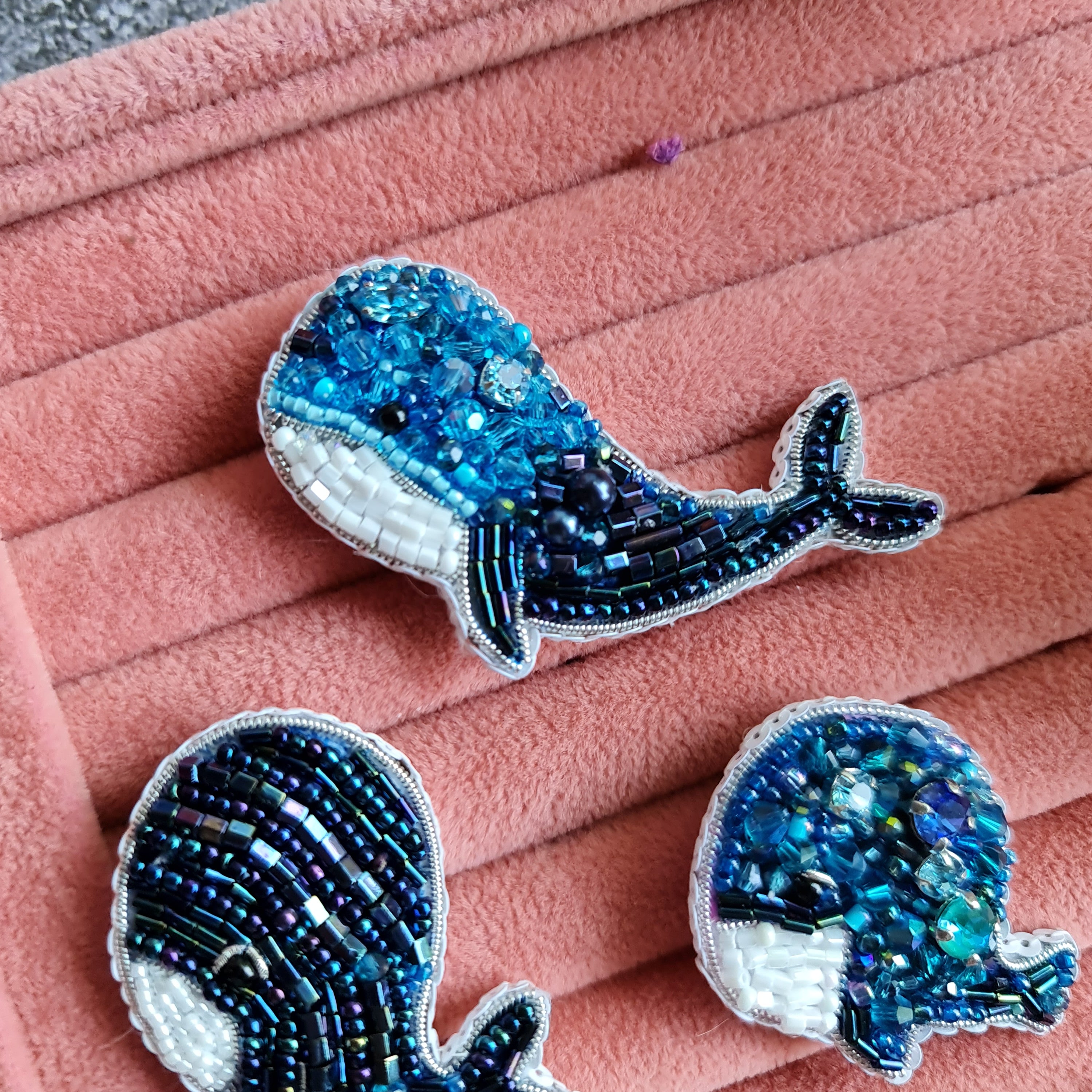 Whale beaded brooches hand embroidered with blue beads crystals and white details in three sizes