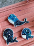 Whale beaded brooches hand embroidered with blue beads crystals and white details in three sizes