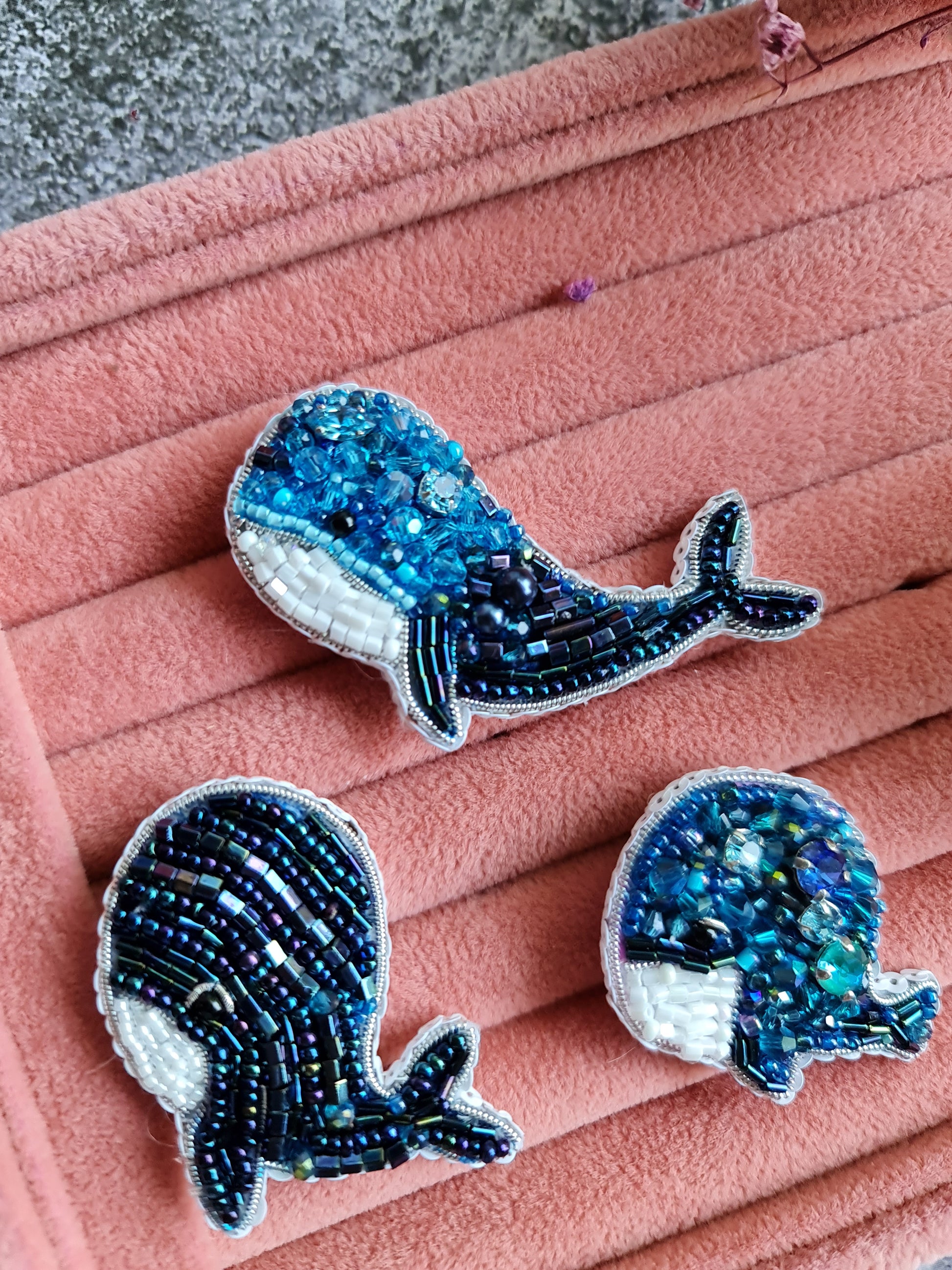 Whale beaded brooches hand embroidered with blue beads crystals and white details in three sizes
