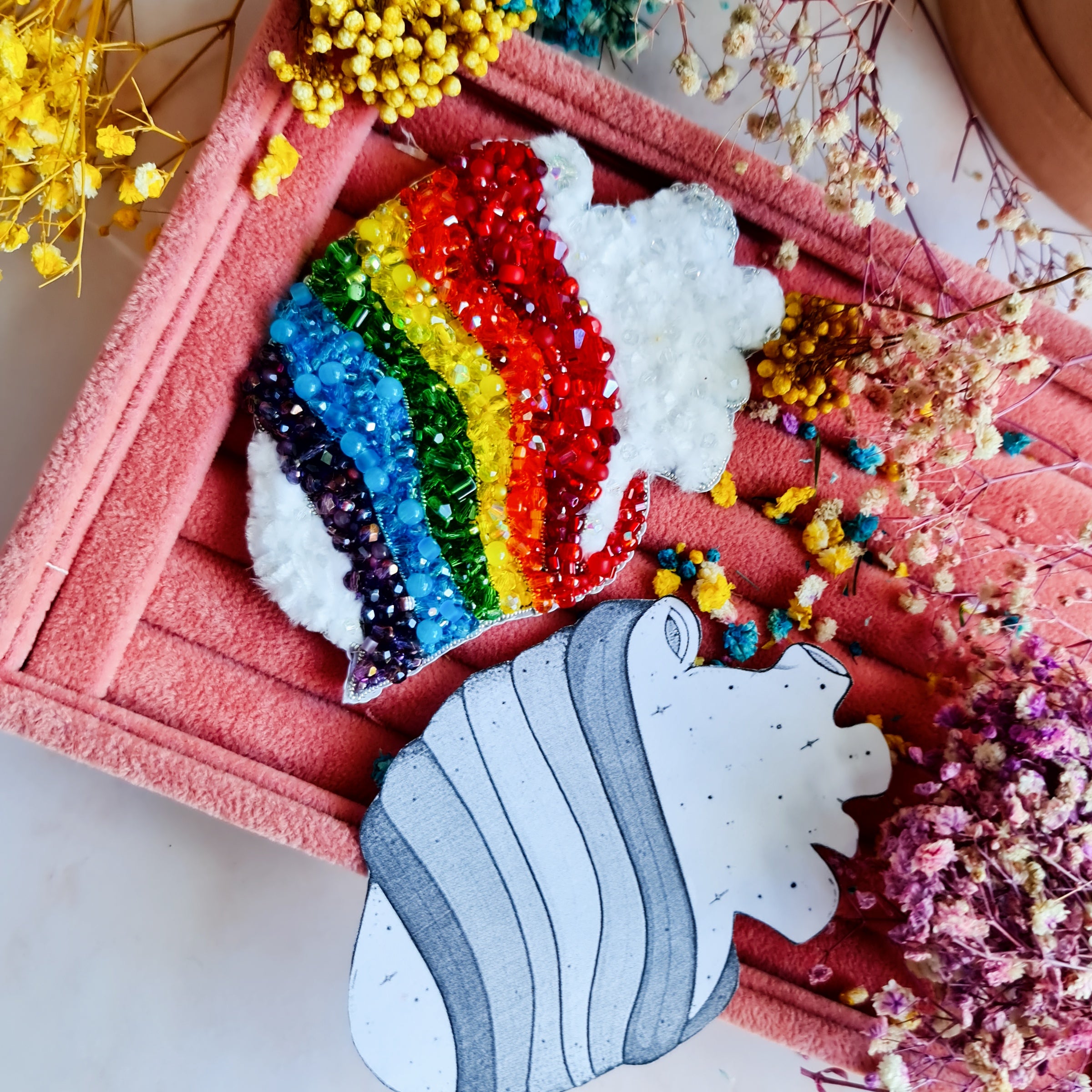 
Pride anatomical heart beaded brooch hand embroidered with rainbow colors and white details