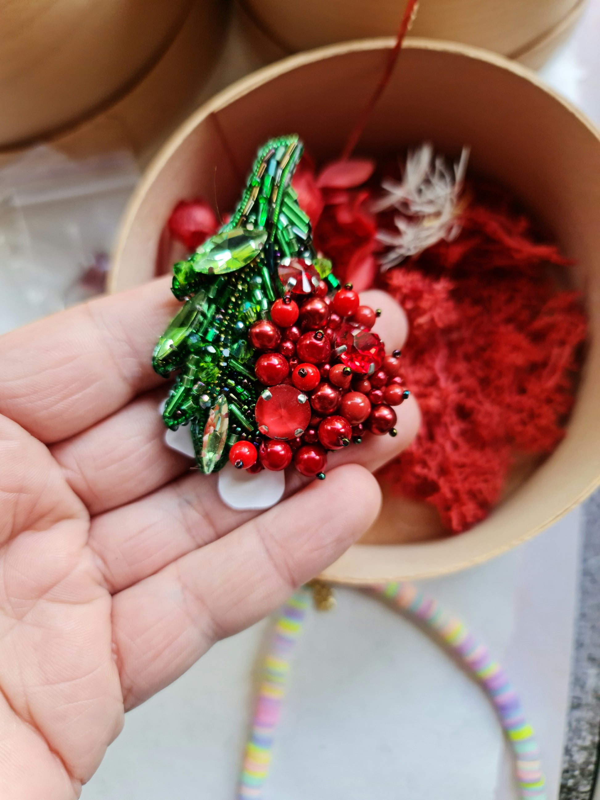 Red Berry Beaded Brooch
