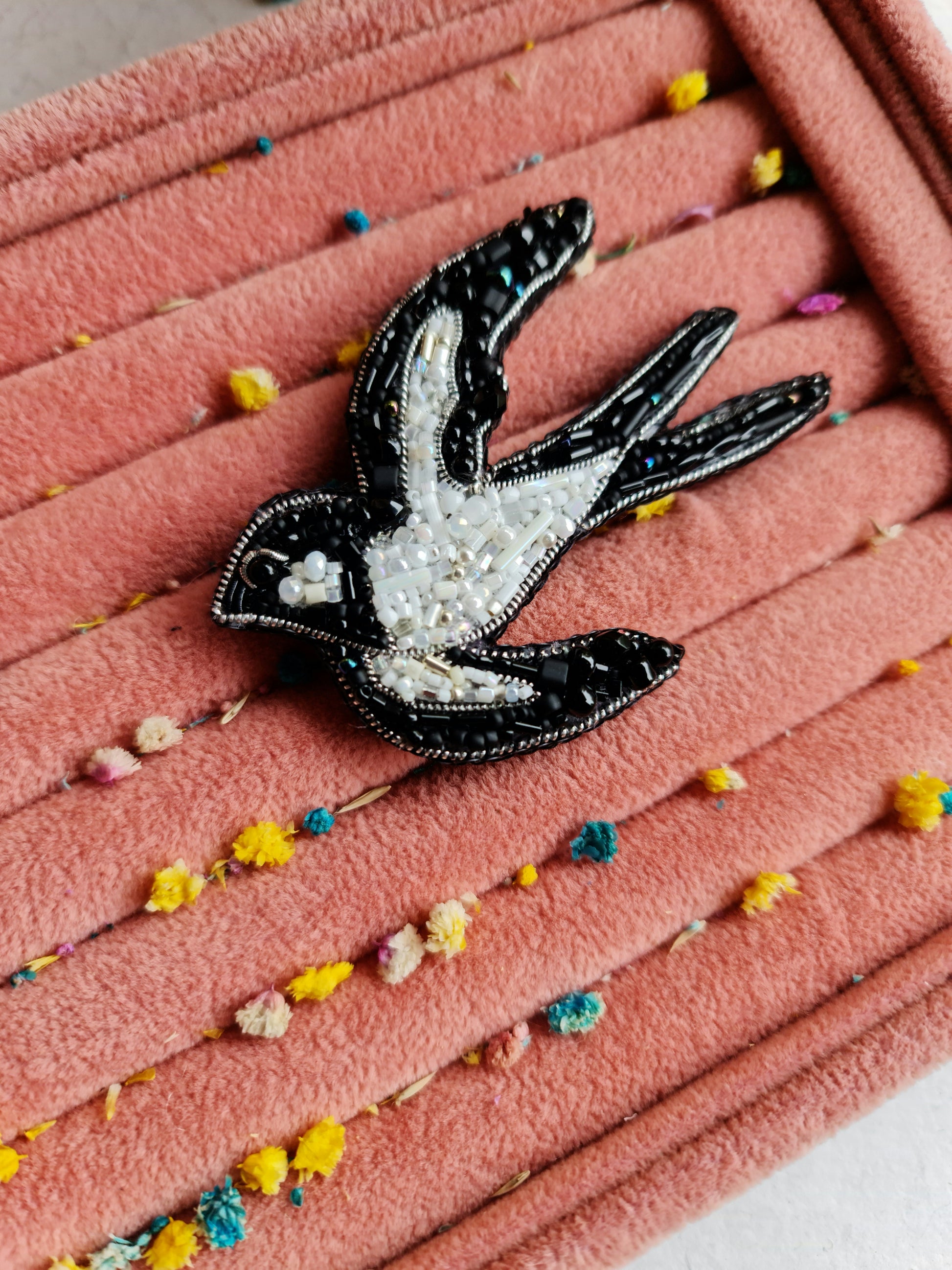 Black and White Swallow Beaded Brooch