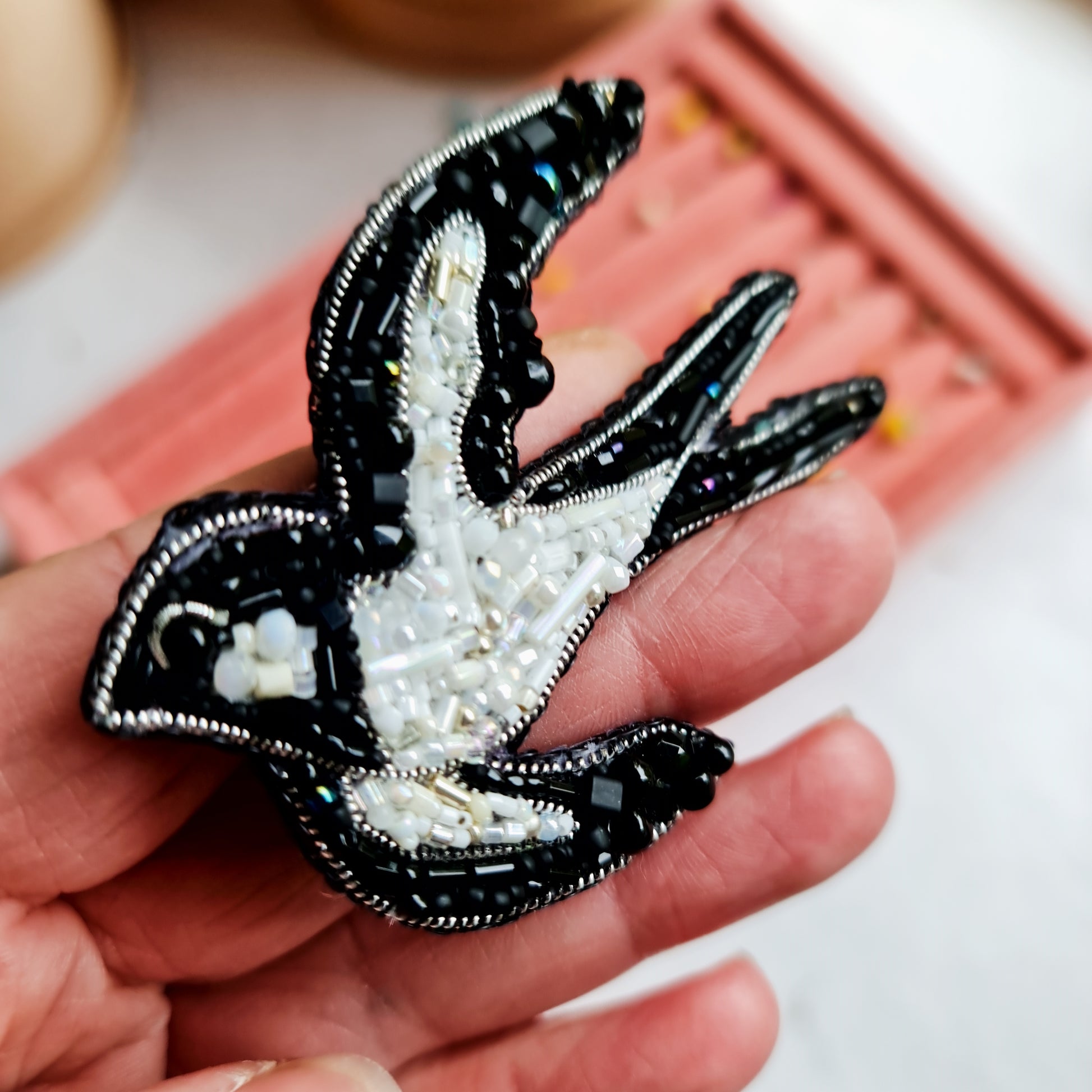 Black and White Swallow Beaded Brooch