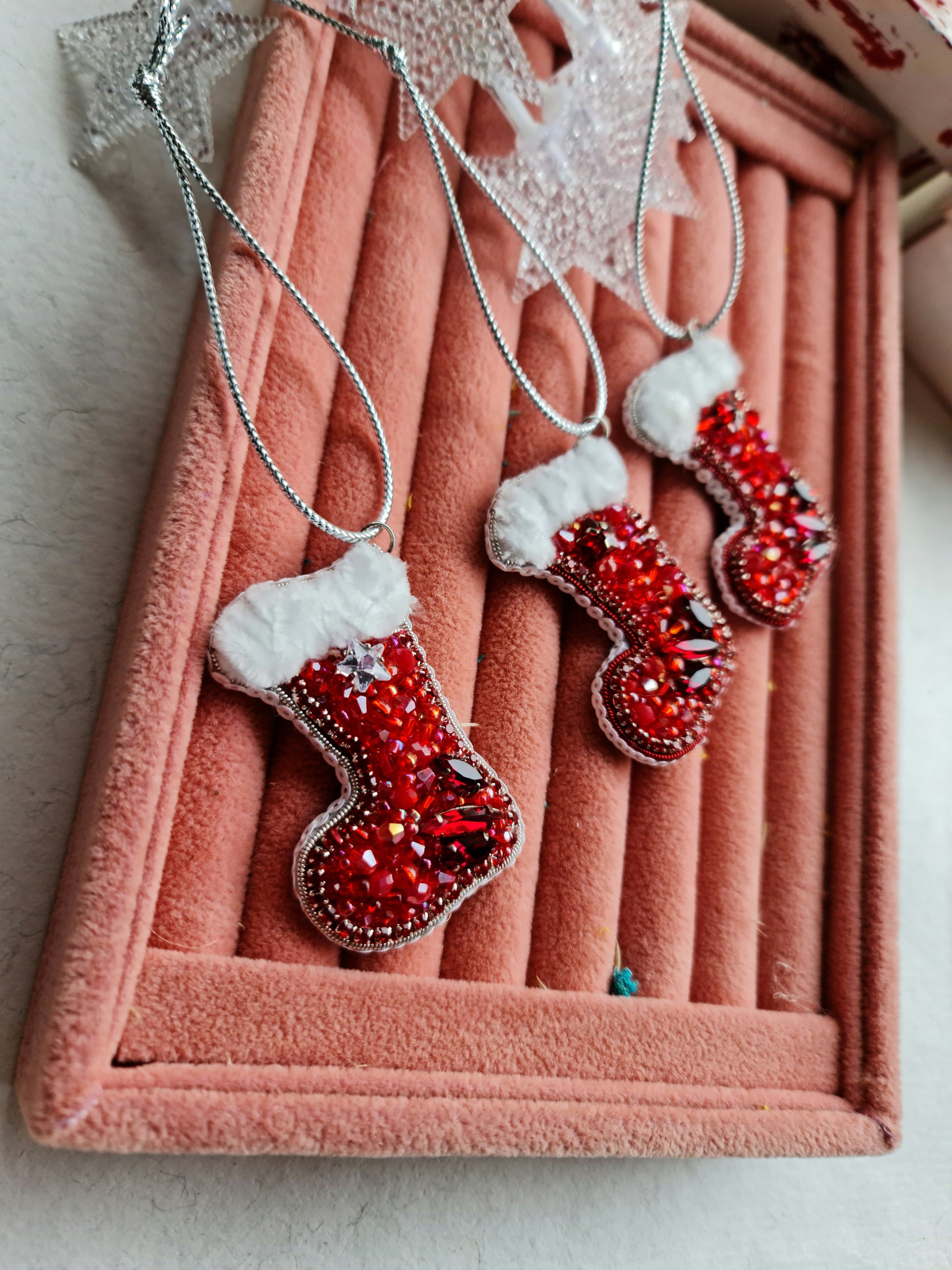 Beaded Christmas Stocking Brooch Ornament