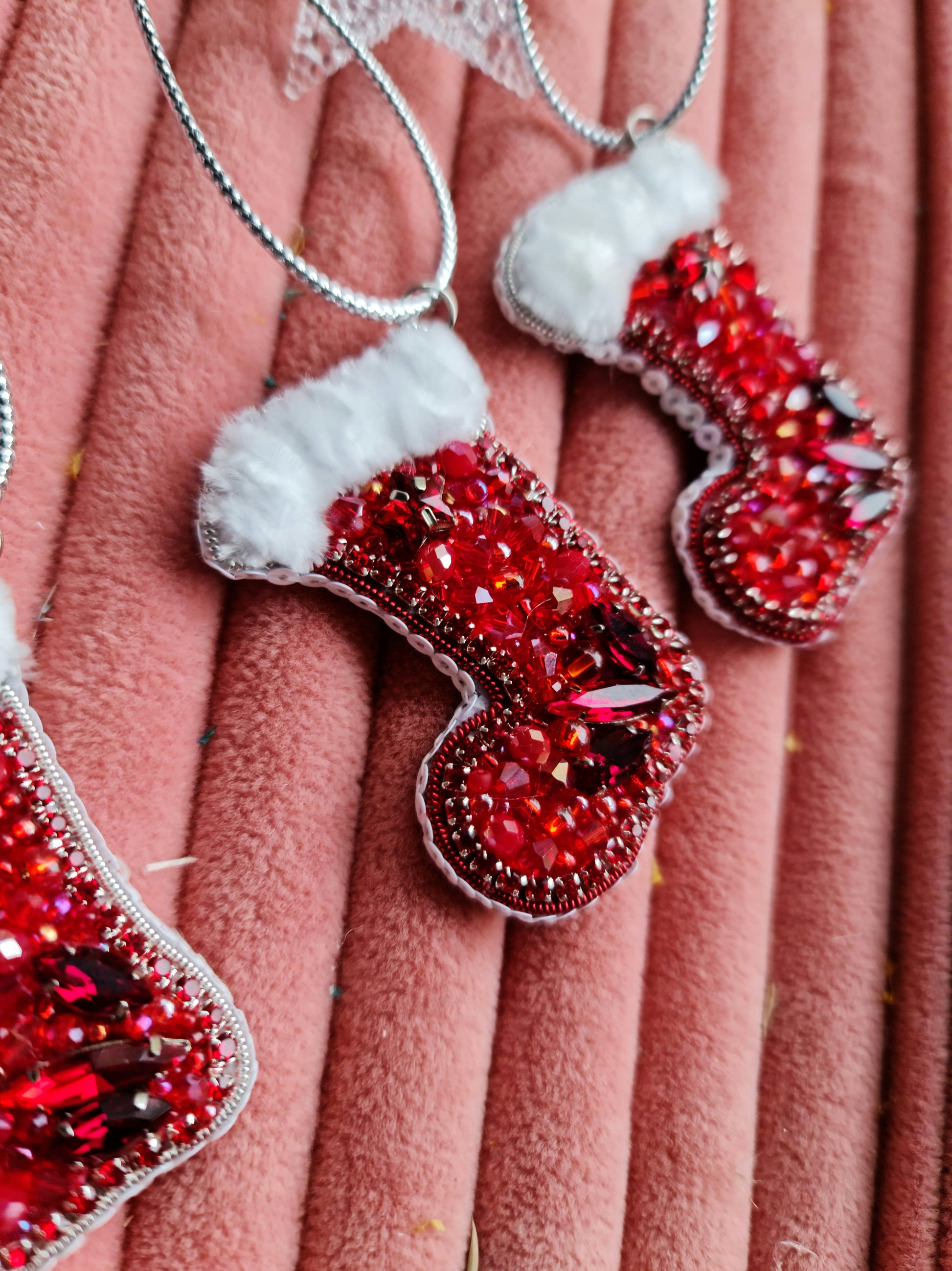 Beaded Christmas Stocking Brooch Ornament