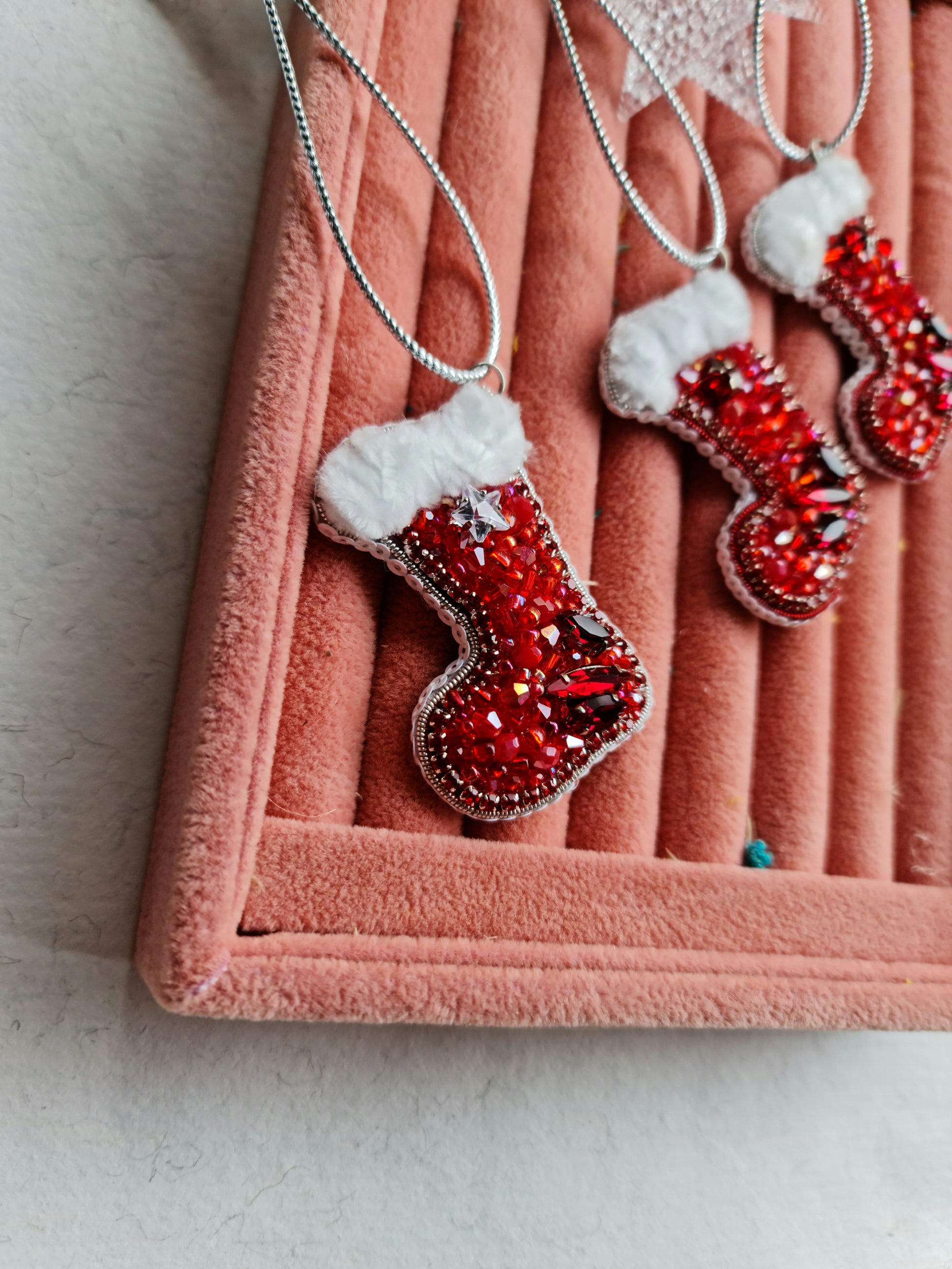 Beaded Christmas Stocking Brooch Ornament