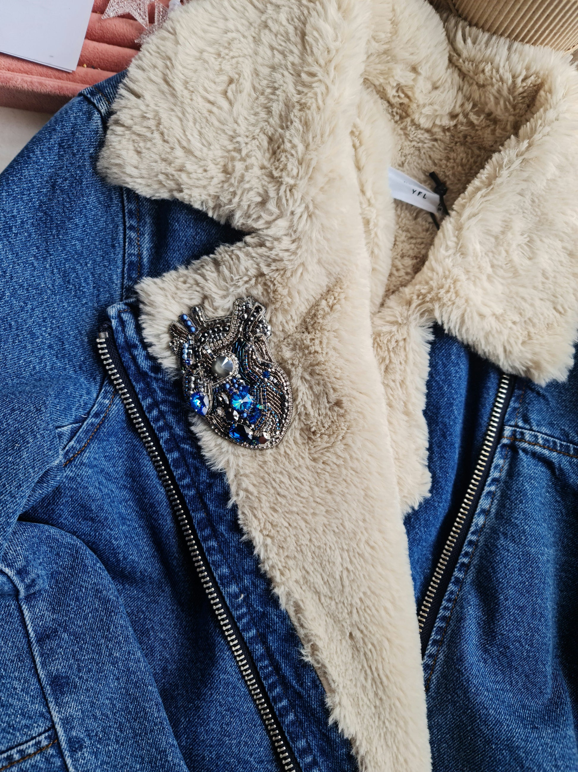 Blue Anatomical Heart Beaded Brooch