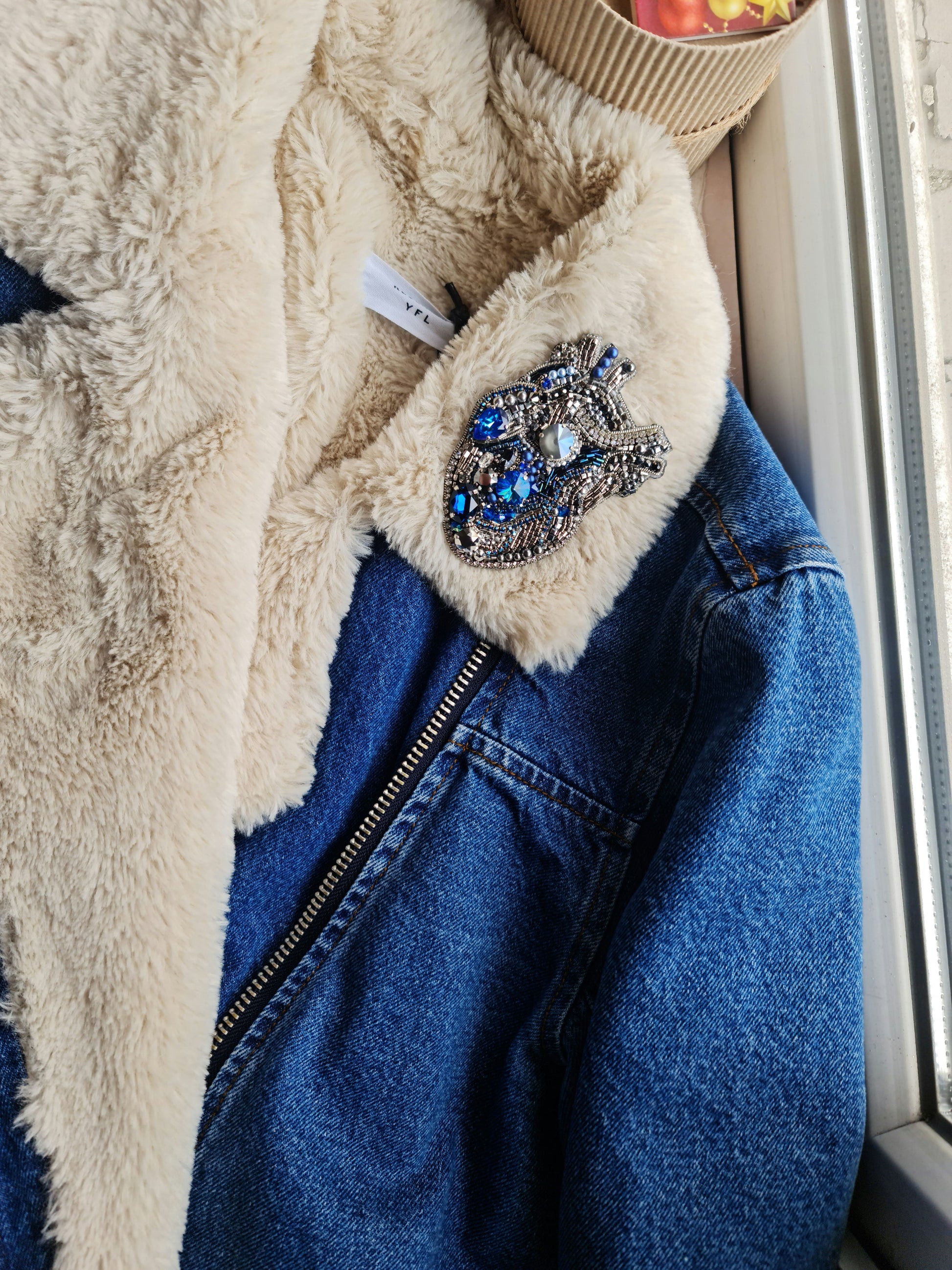 Blue Anatomical Heart Beaded Brooch