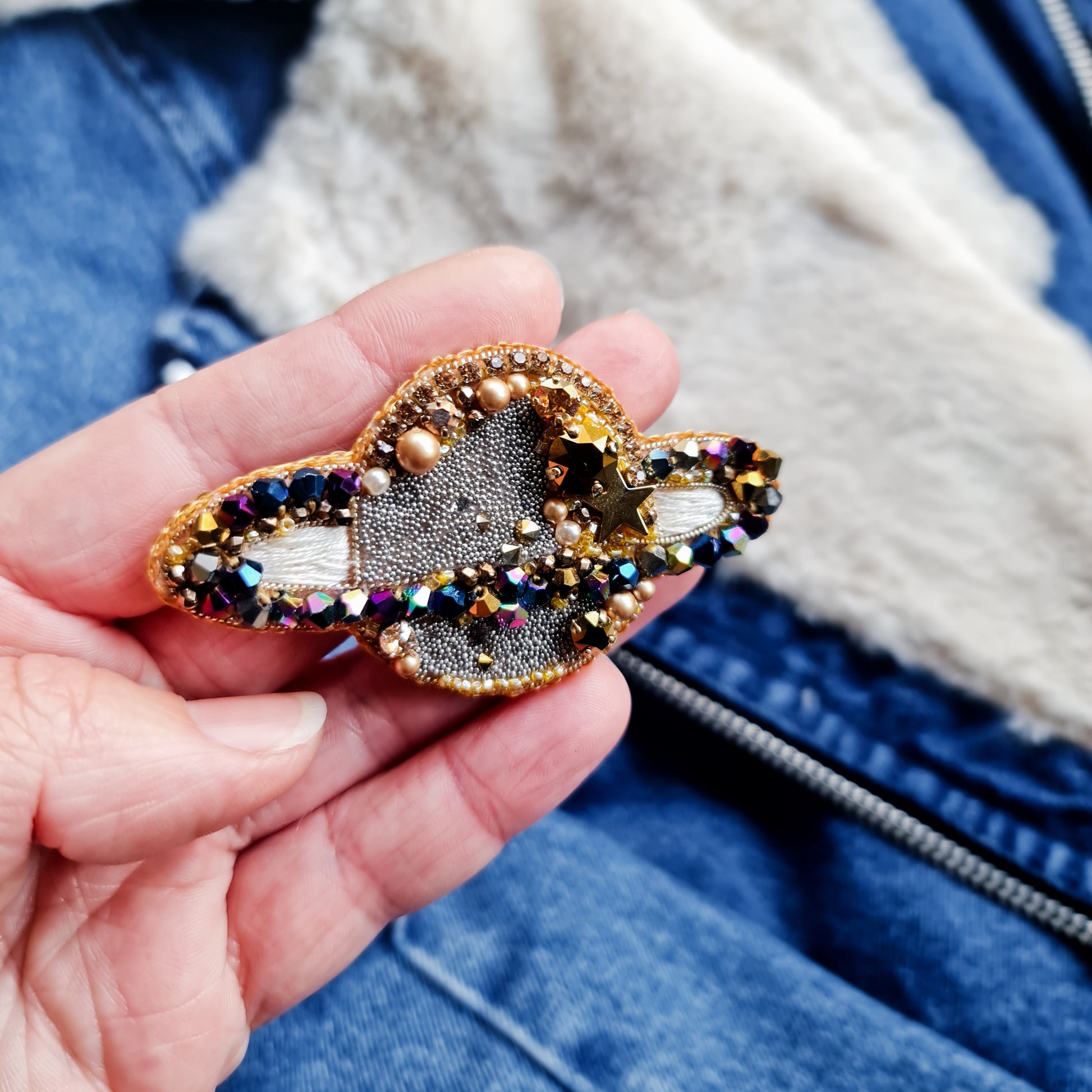 Saturn Planet Beaded Brooch
