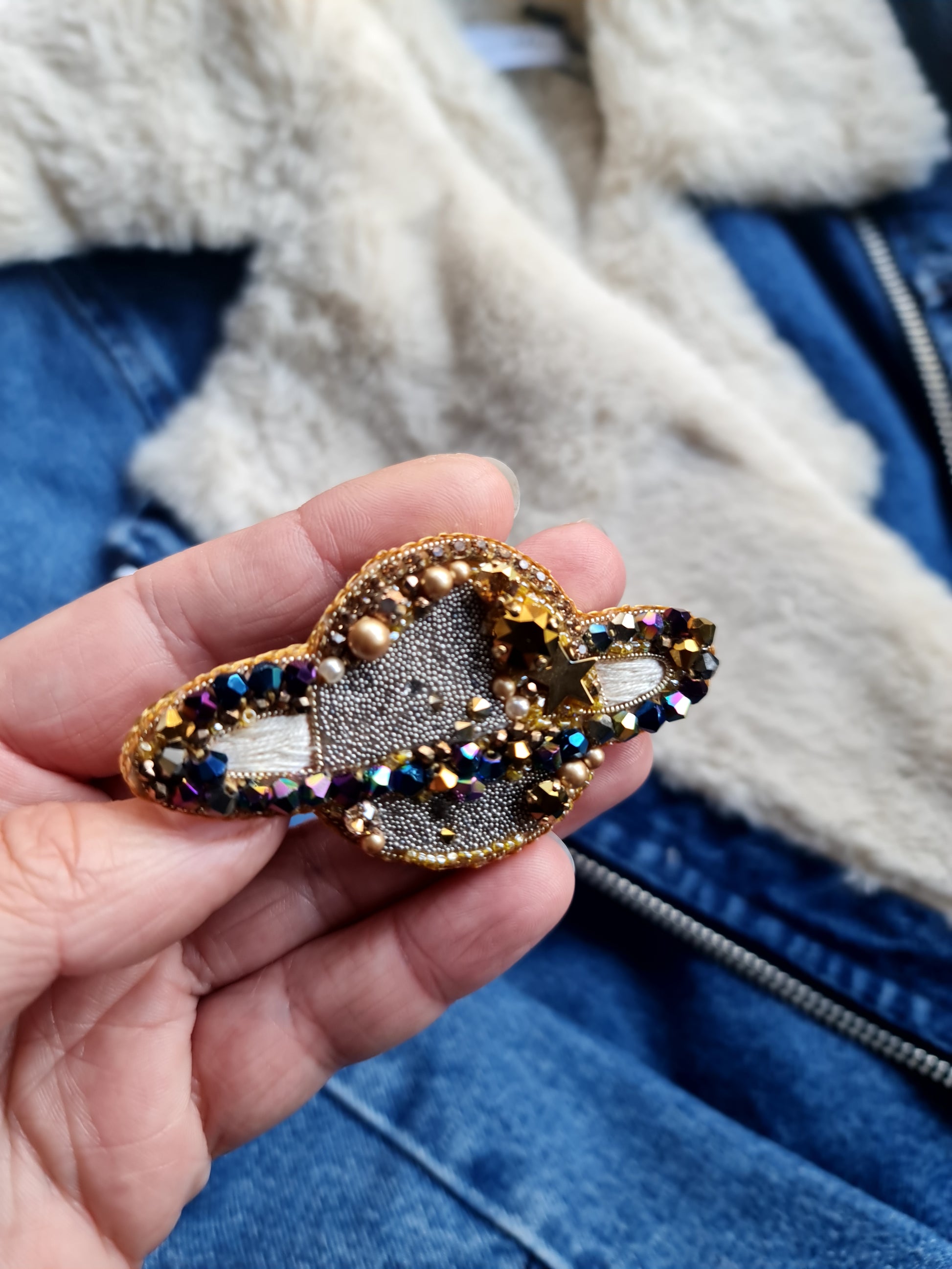 Saturn Planet Beaded Brooch