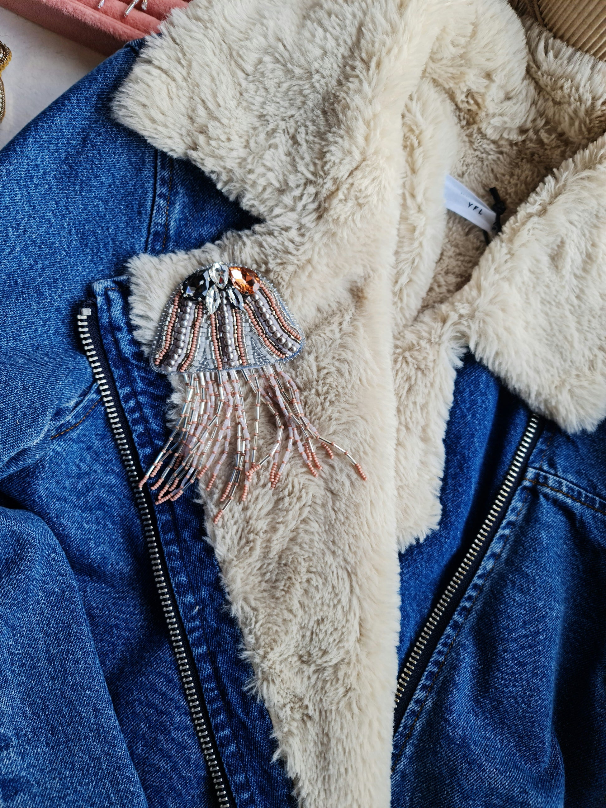 Blush pink jellyfish beaded brooch with crystal top and long beaded fringe tentacles