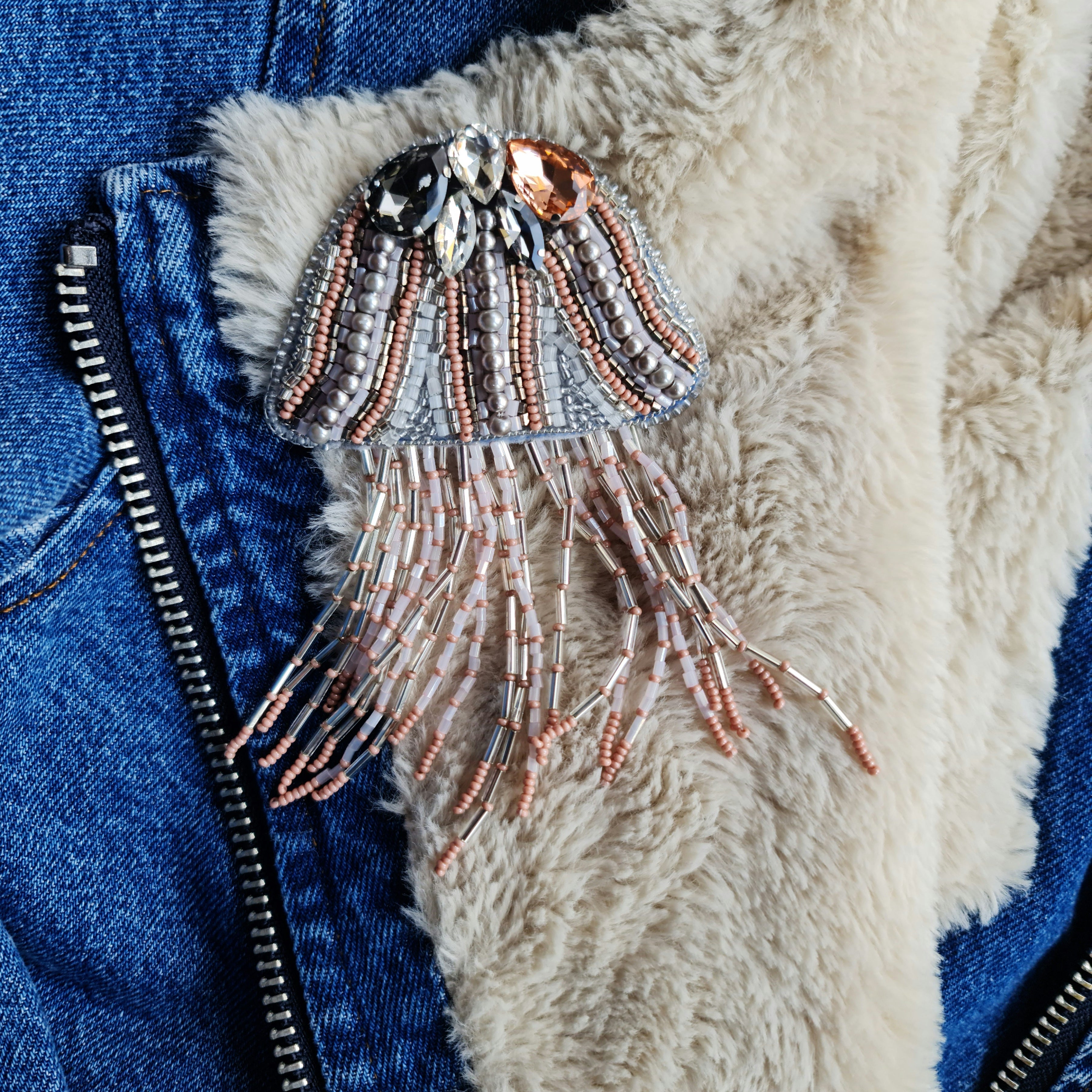 Blush pink jellyfish beaded brooch with crystal top and long beaded fringe tentacles