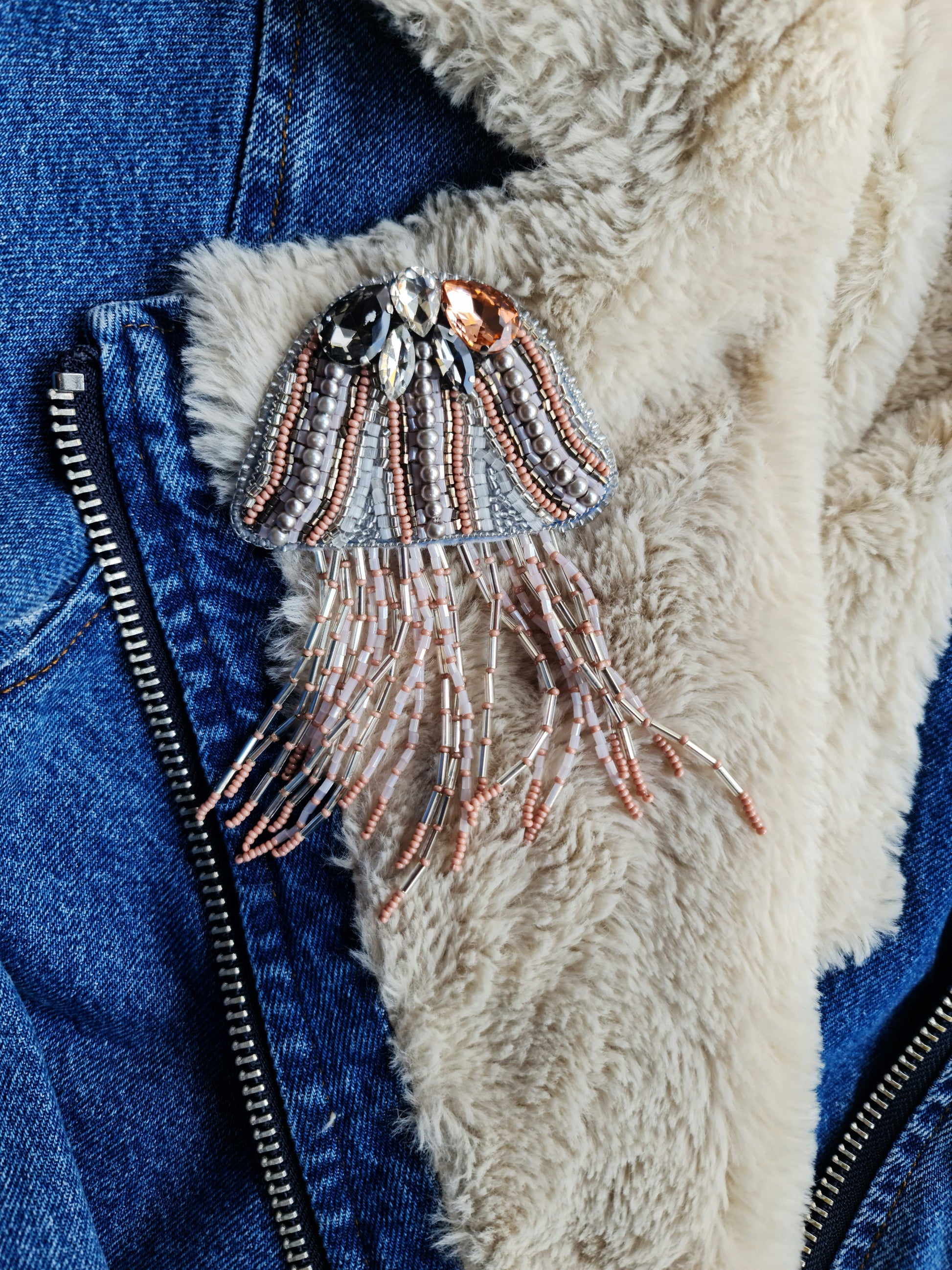 Blush pink jellyfish beaded brooch with crystal top and long beaded fringe tentacles