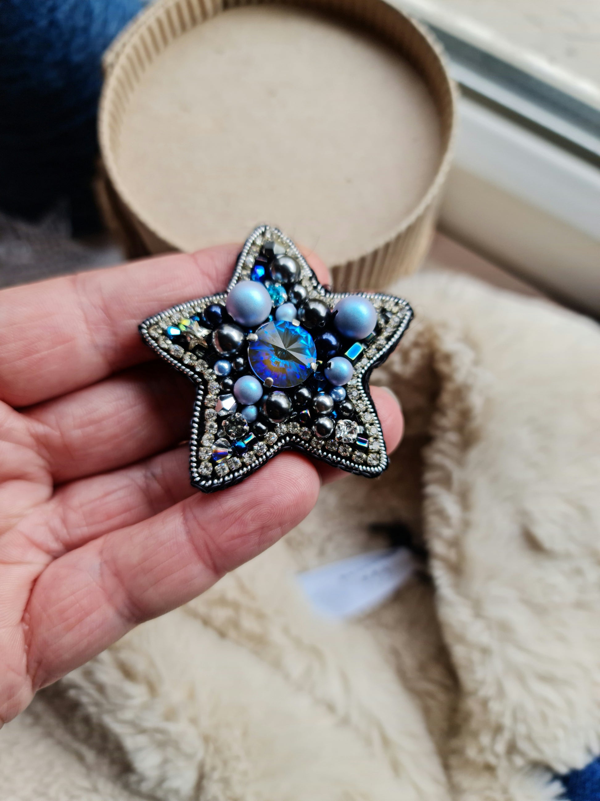 Blue Star Beaded Brooch