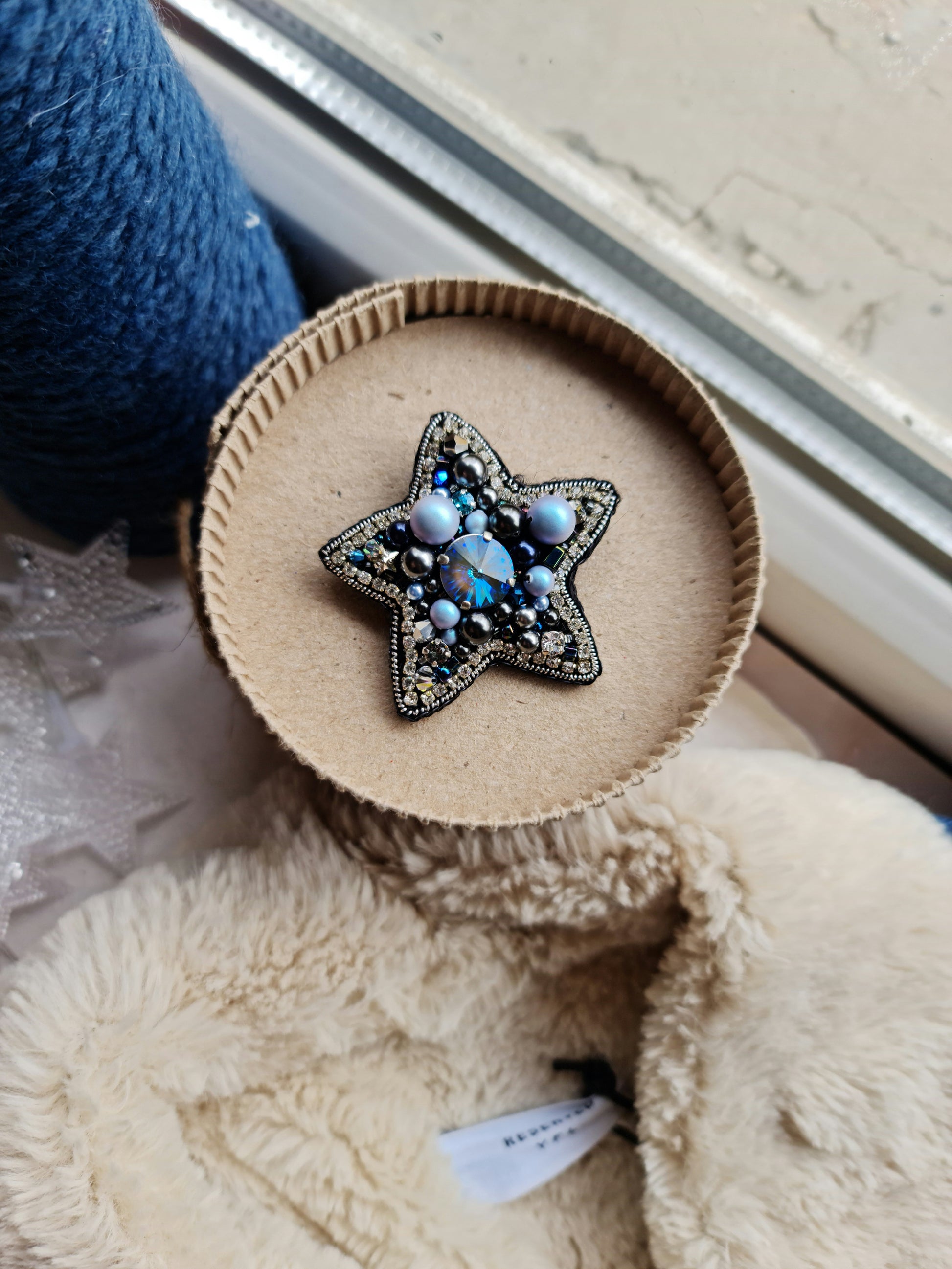 Blue Star Beaded Brooch