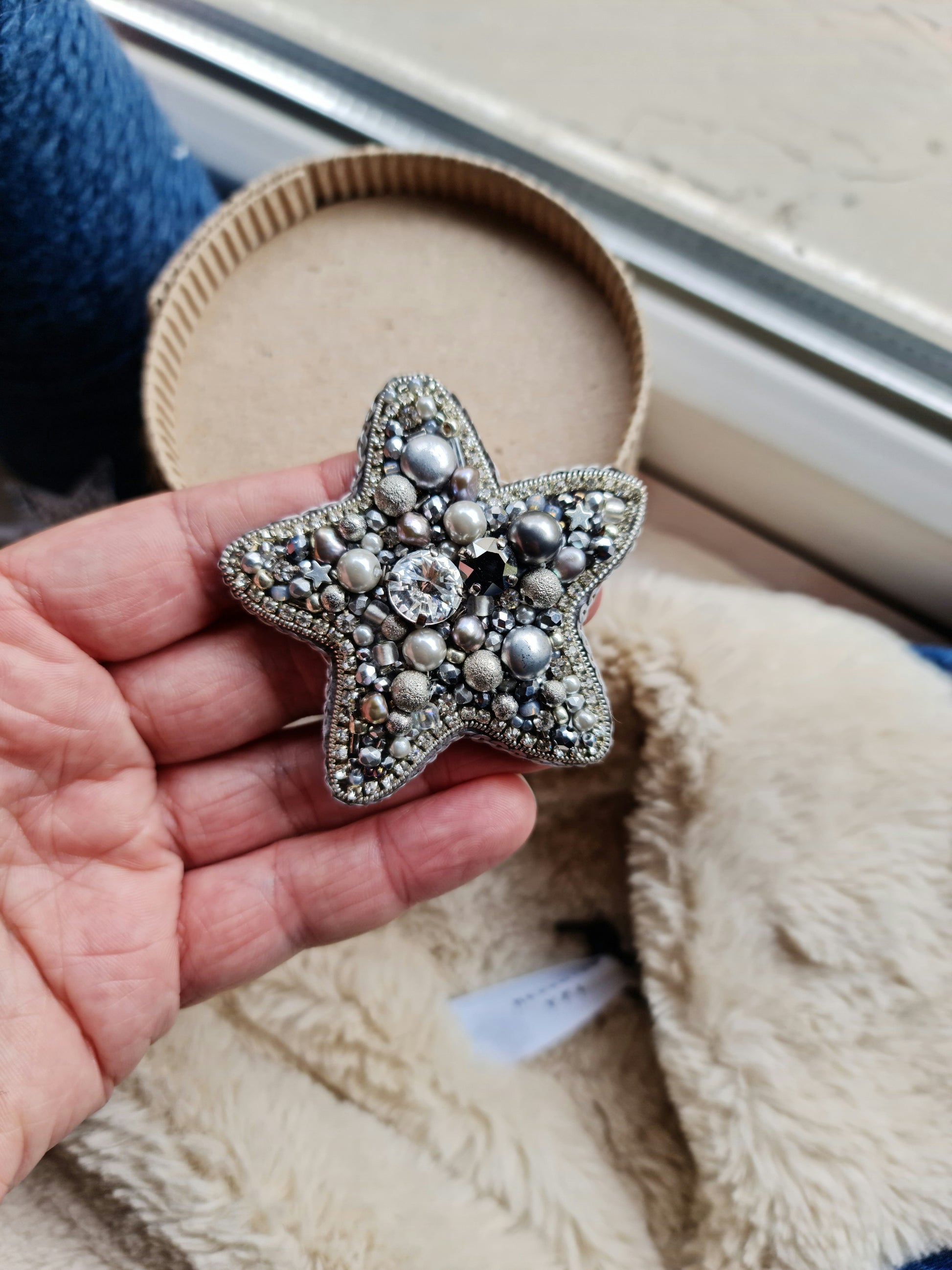 Silver star beaded brooch hand embroidered with pearls crystals and metallic bead details