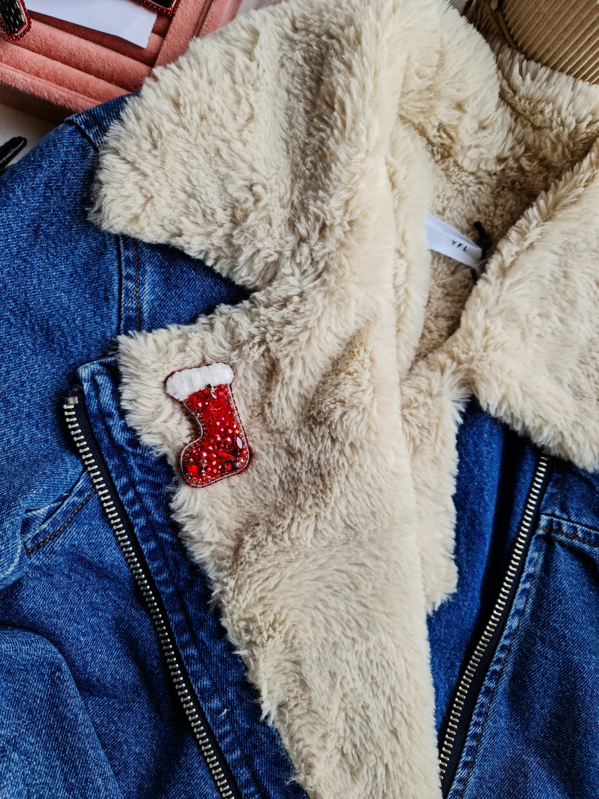 Beaded Christmas Stocking Brooch Ornament