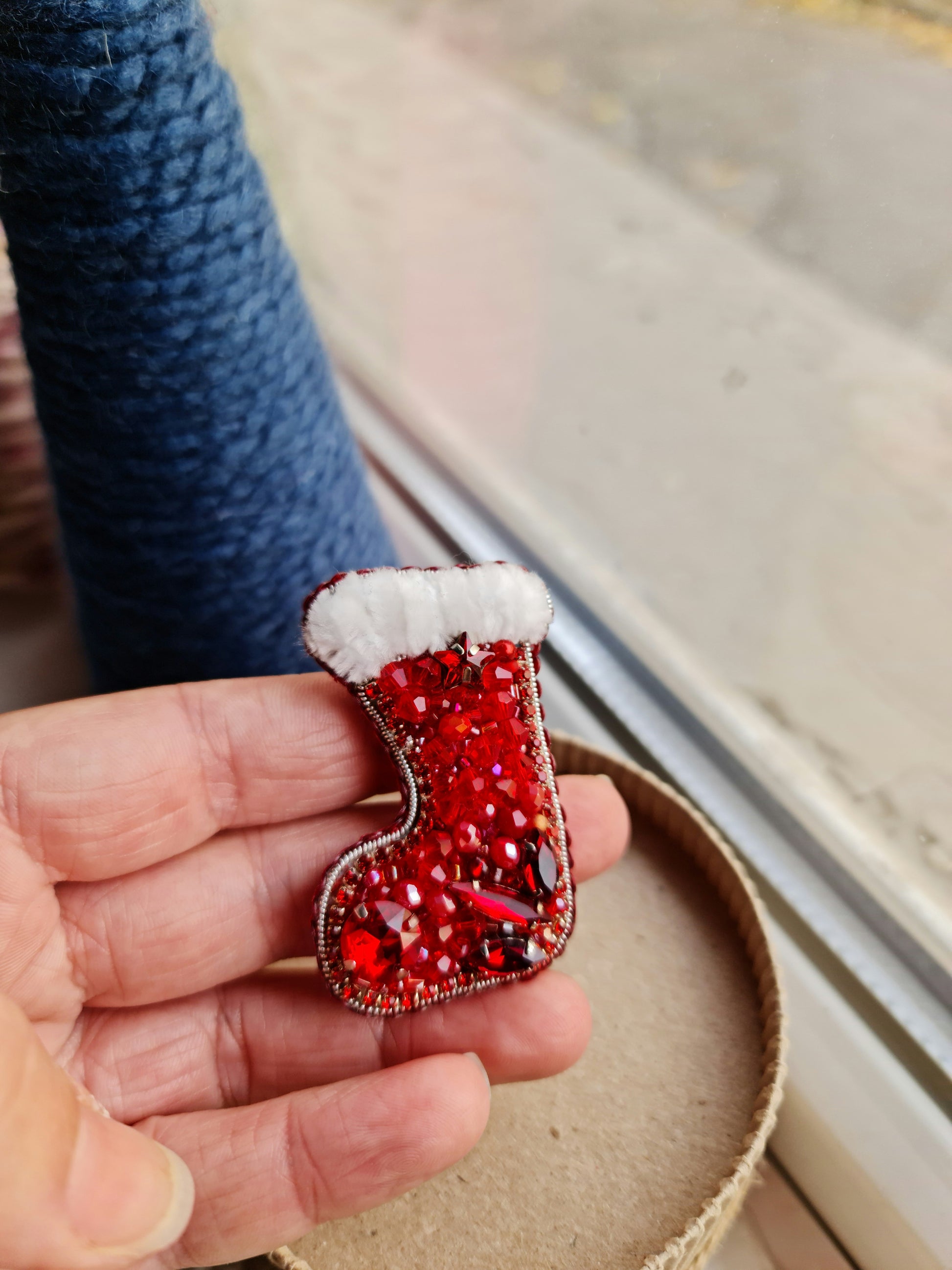 Beaded Christmas Stocking Brooch Ornament