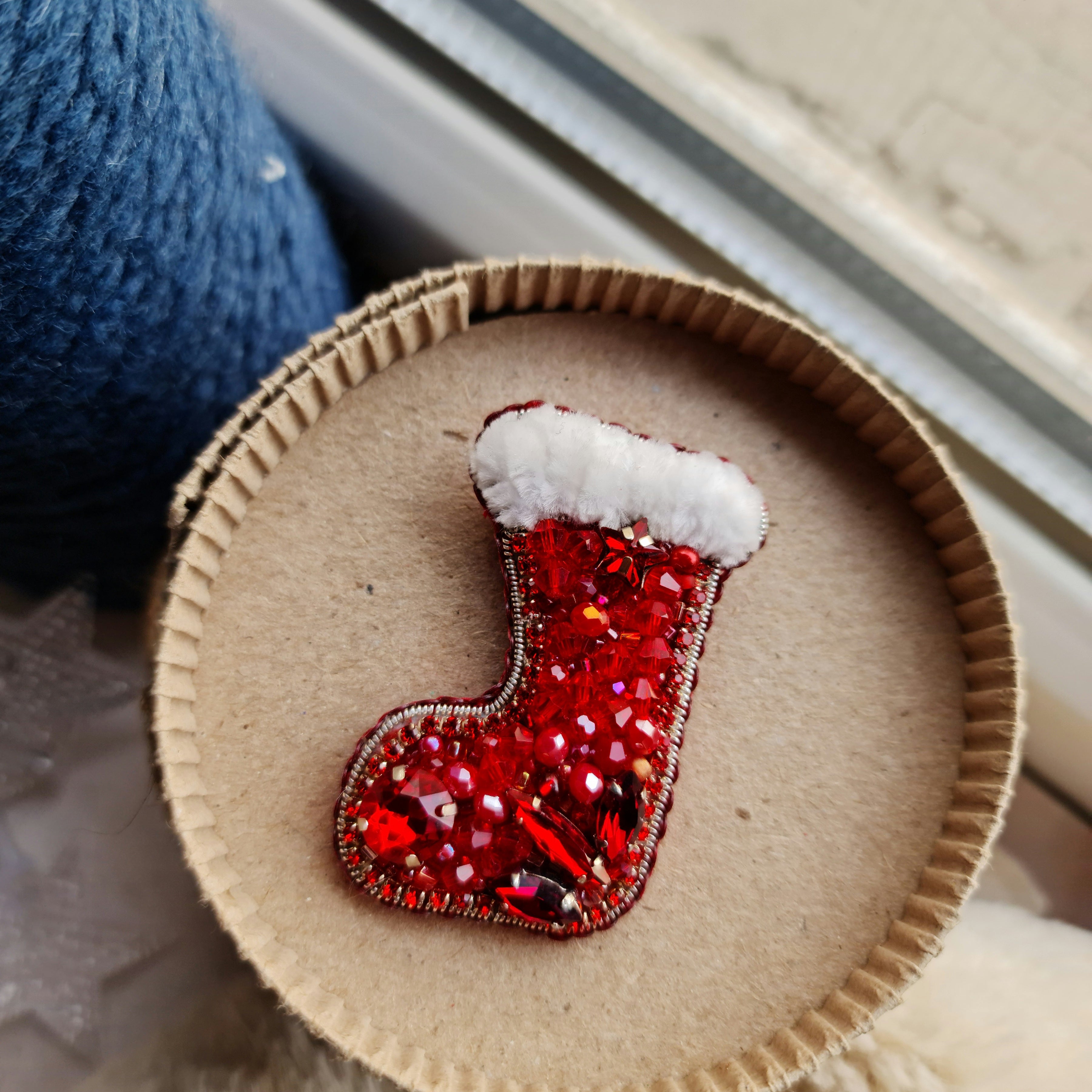 Beaded Christmas Stocking Brooch Ornament