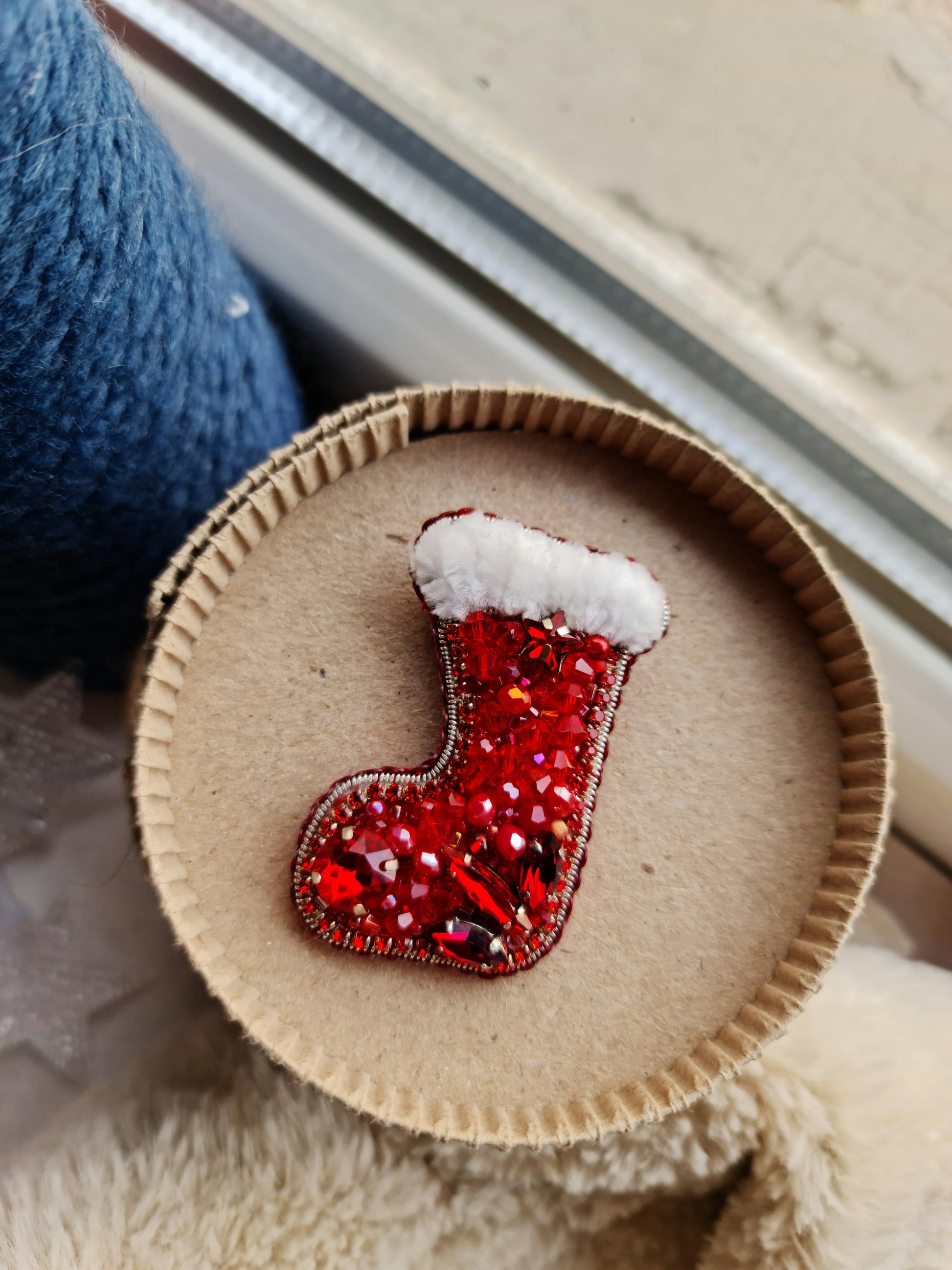 Beaded Christmas Stocking Brooch Ornament