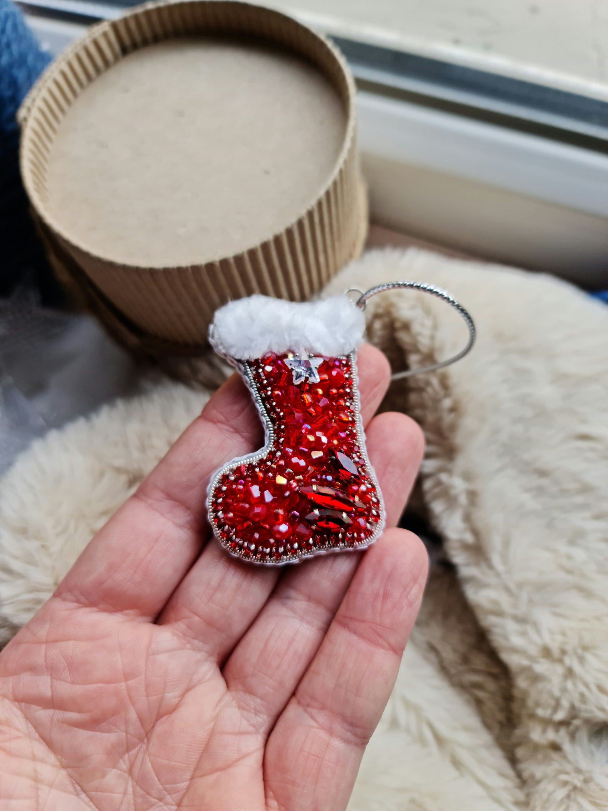 Beaded Christmas Stocking Brooch Ornament