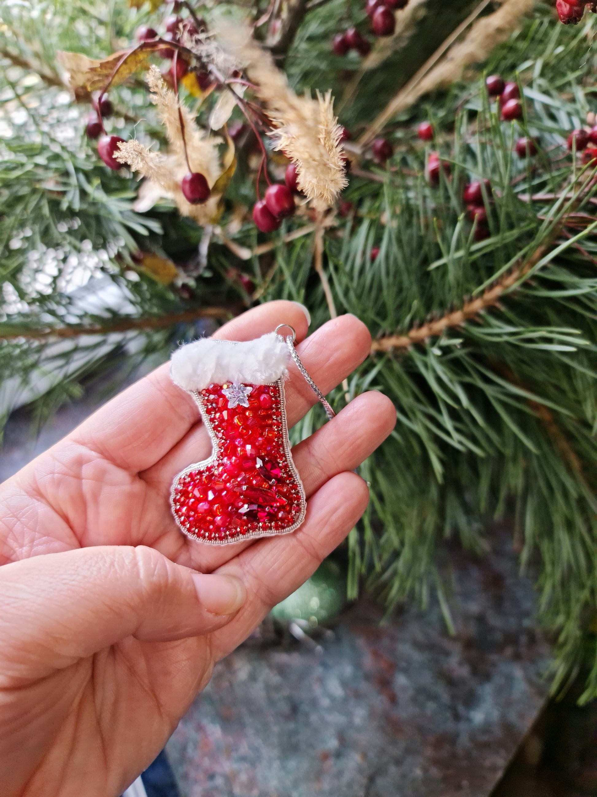 Beaded Christmas Stocking Brooch Ornament