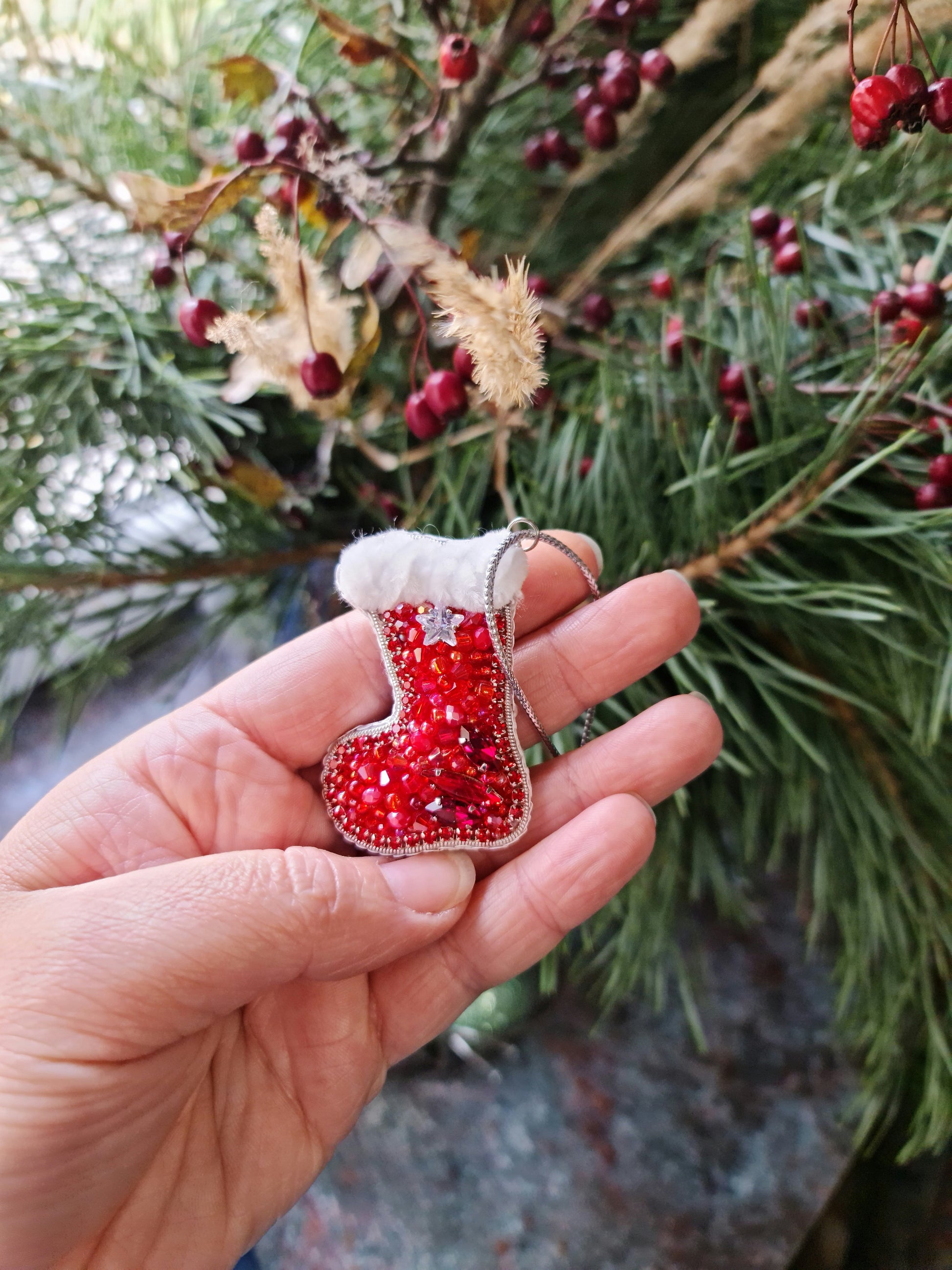 Beaded Christmas Stocking Brooch Ornament