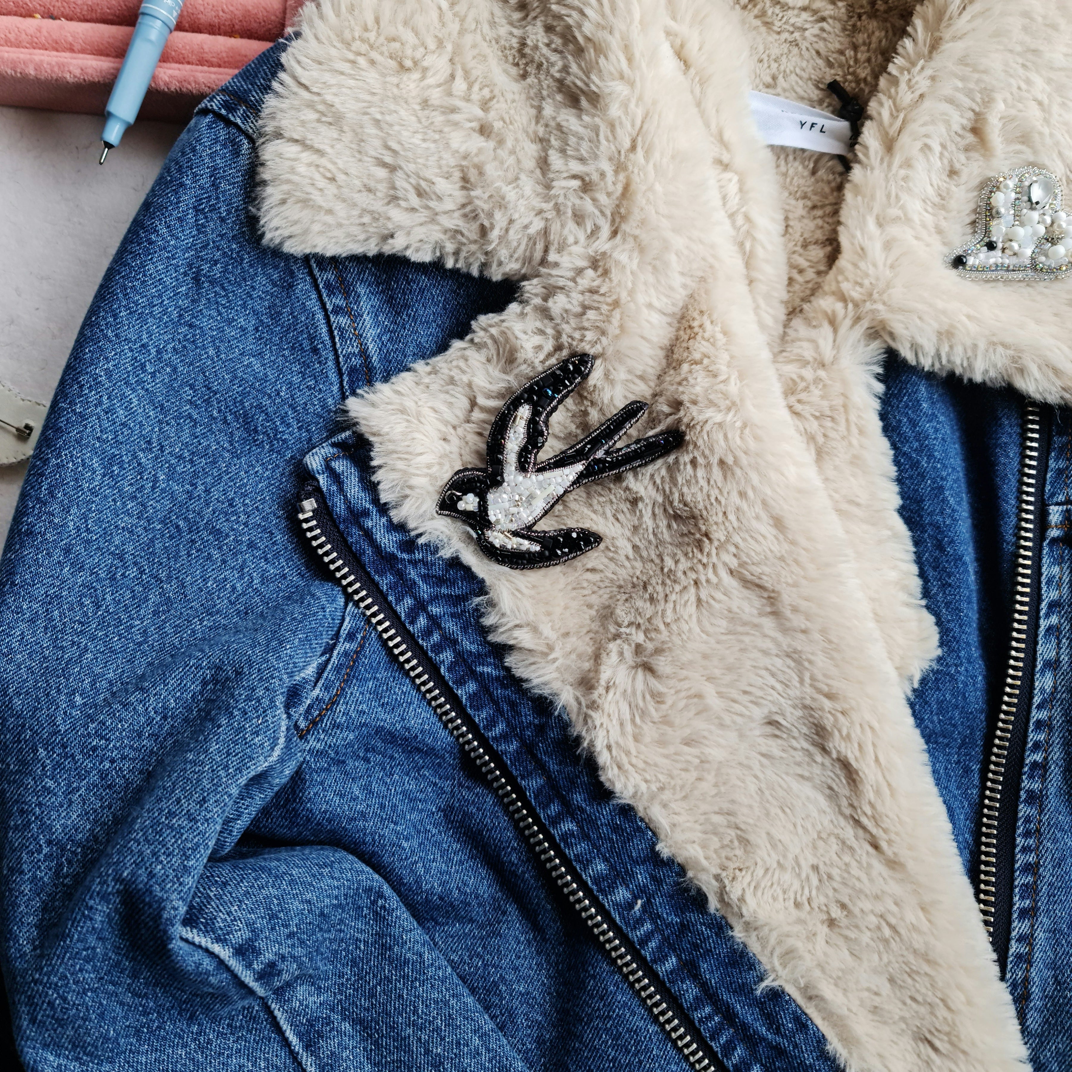 Black and White Swallow Beaded Brooch