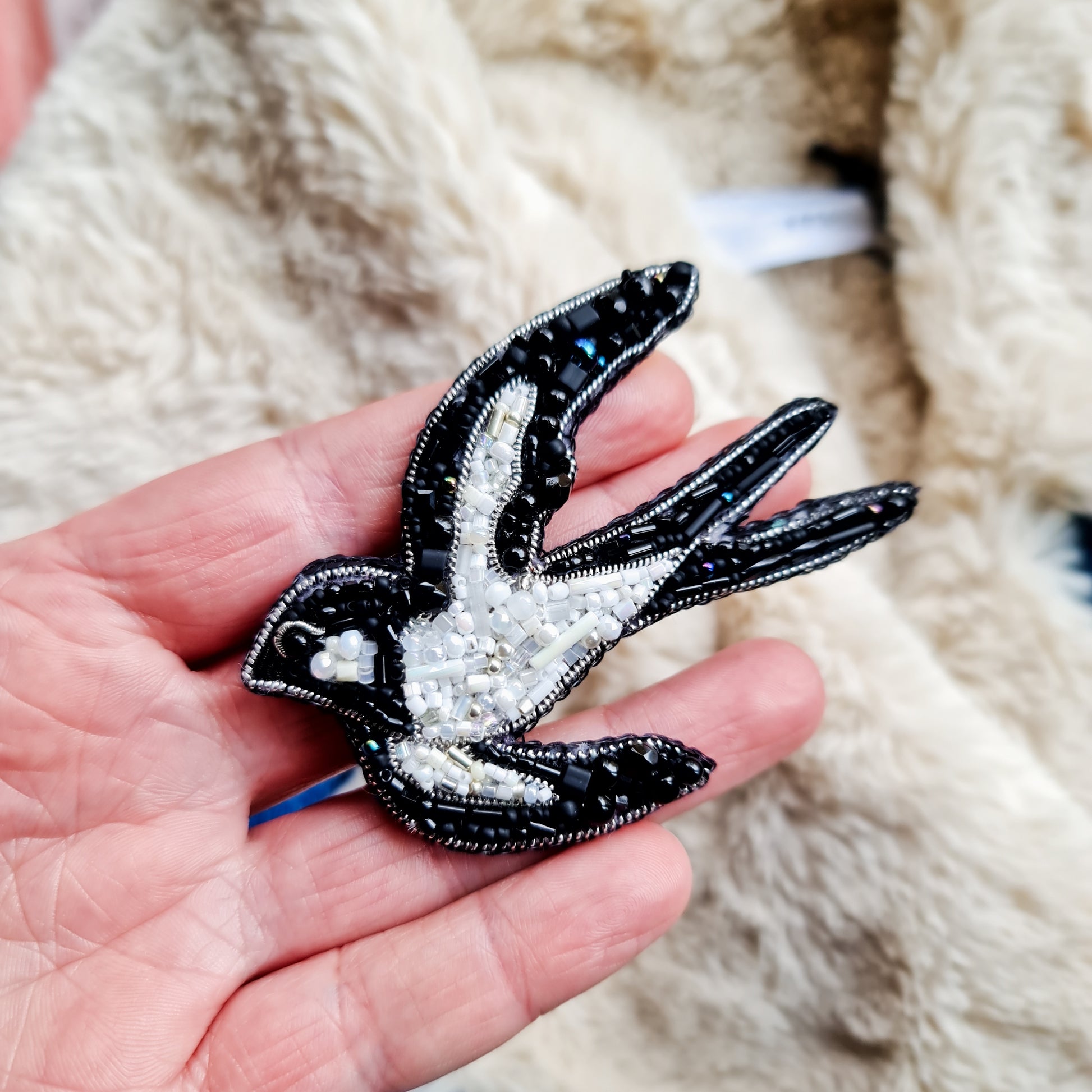Black and White Swallow Beaded Brooch