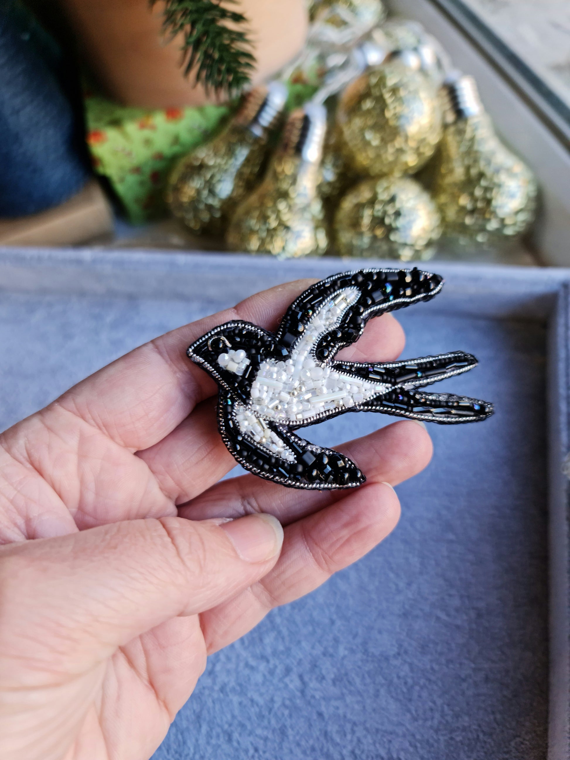 Black and White Swallow Beaded Brooch