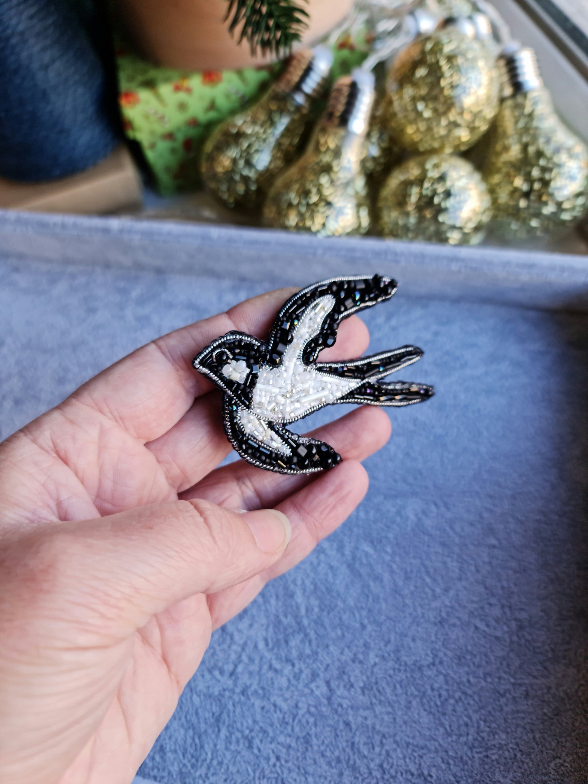 Black and White Swallow Beaded Brooch