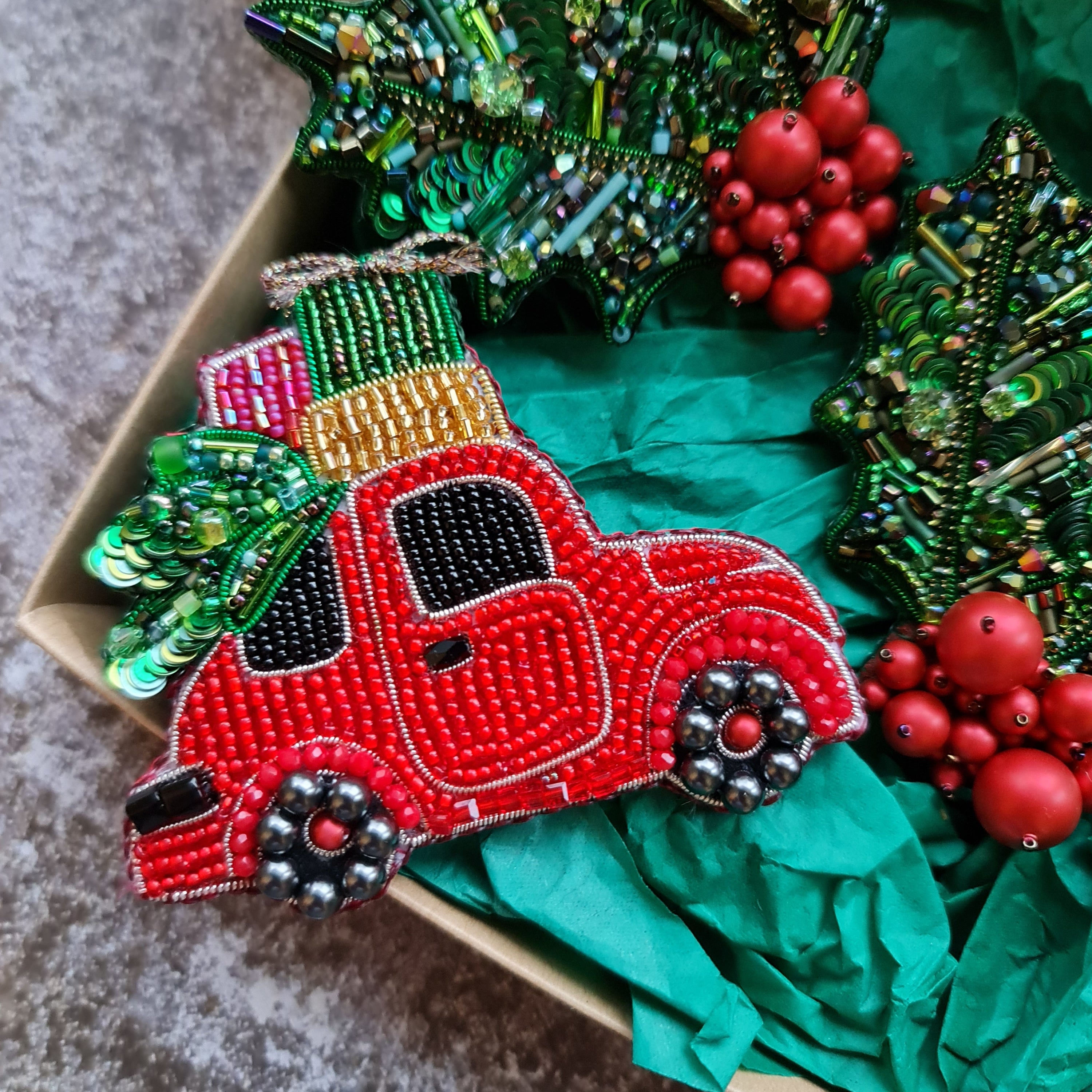 Handmade red Christmas truck brooch with green Christmas tree, embroidered with beads, crystals and sequins, festive holiday pin and Christmas gift.