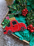 Handmade red Christmas truck brooch with green Christmas tree, embroidered with beads, crystals and sequins, festive holiday pin and Christmas gift.