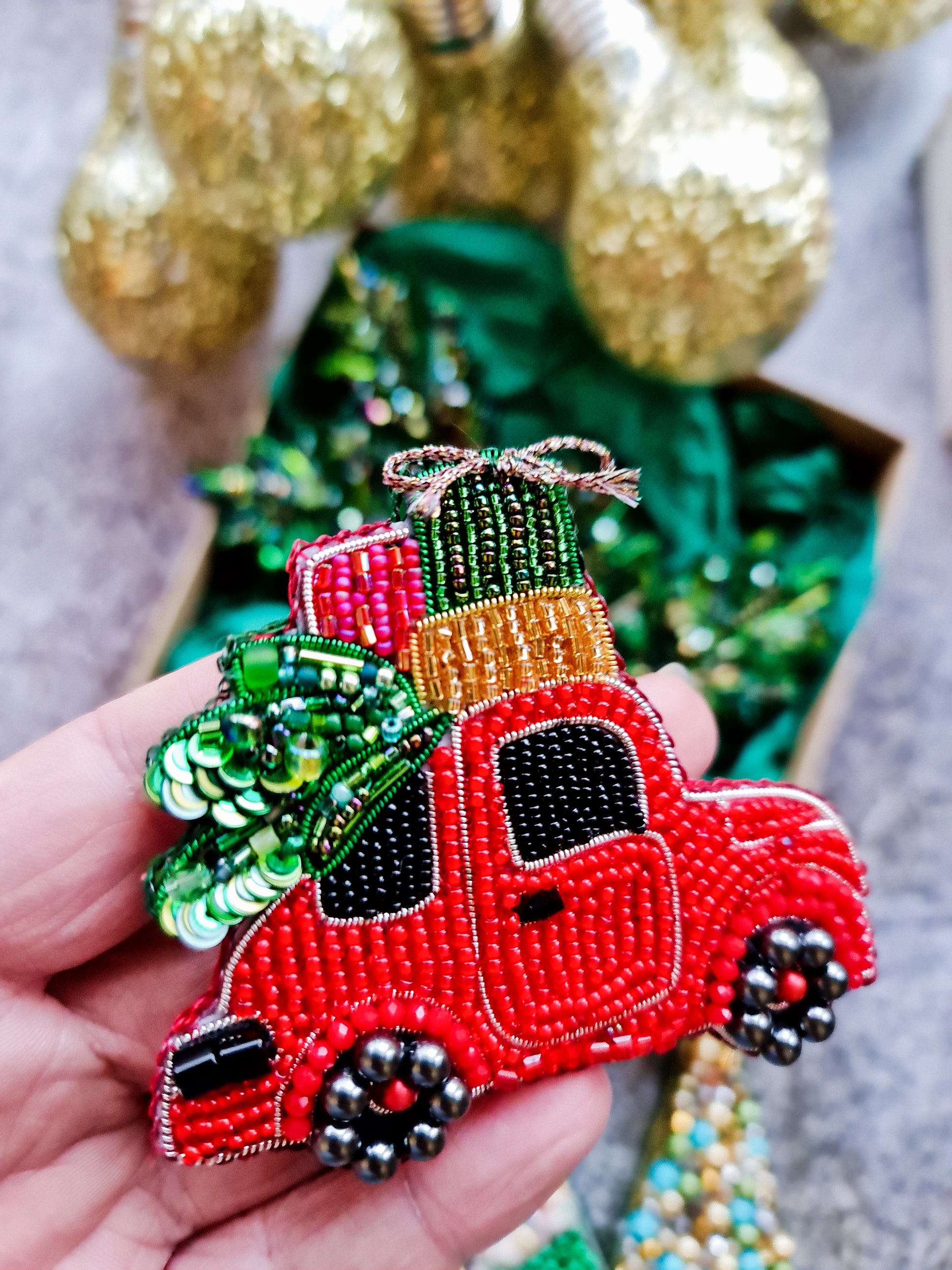 Vintage Red Truck Brooch with Christmas Tree
