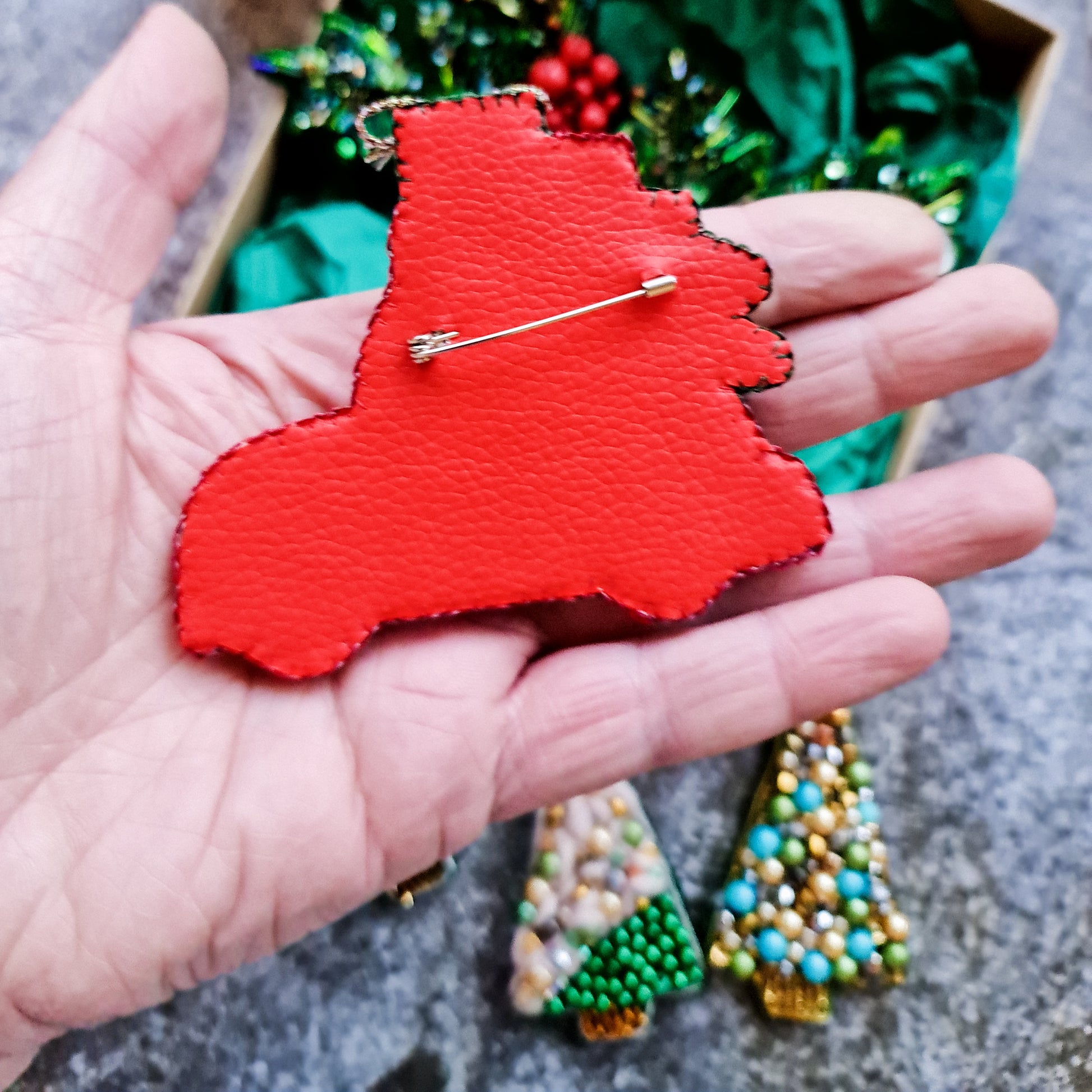 Handmade red Christmas truck brooch with green Christmas tree, embroidered with beads, crystals and sequins, festive holiday pin and Christmas gift.