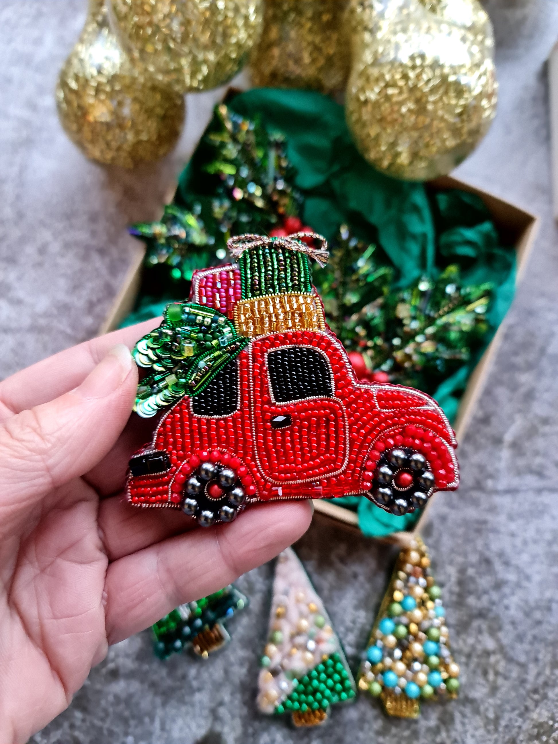 Vintage Red Truck Brooch with Christmas Tree