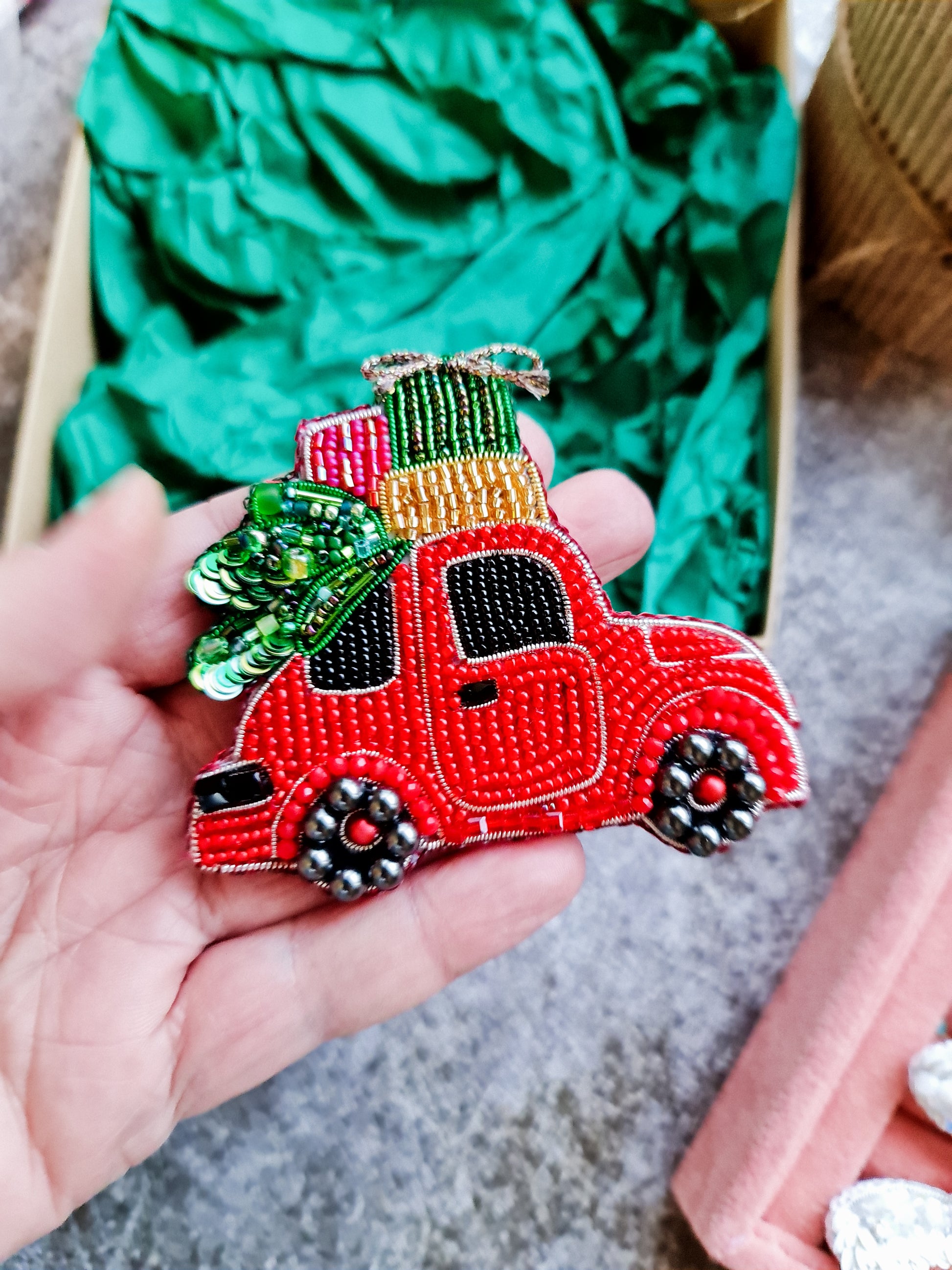 Vintage Red Truck Brooch with Christmas Tree