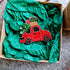 Handmade red Christmas truck brooch with green Christmas tree, embroidered with beads, crystals and sequins, festive holiday pin and Christmas gift.