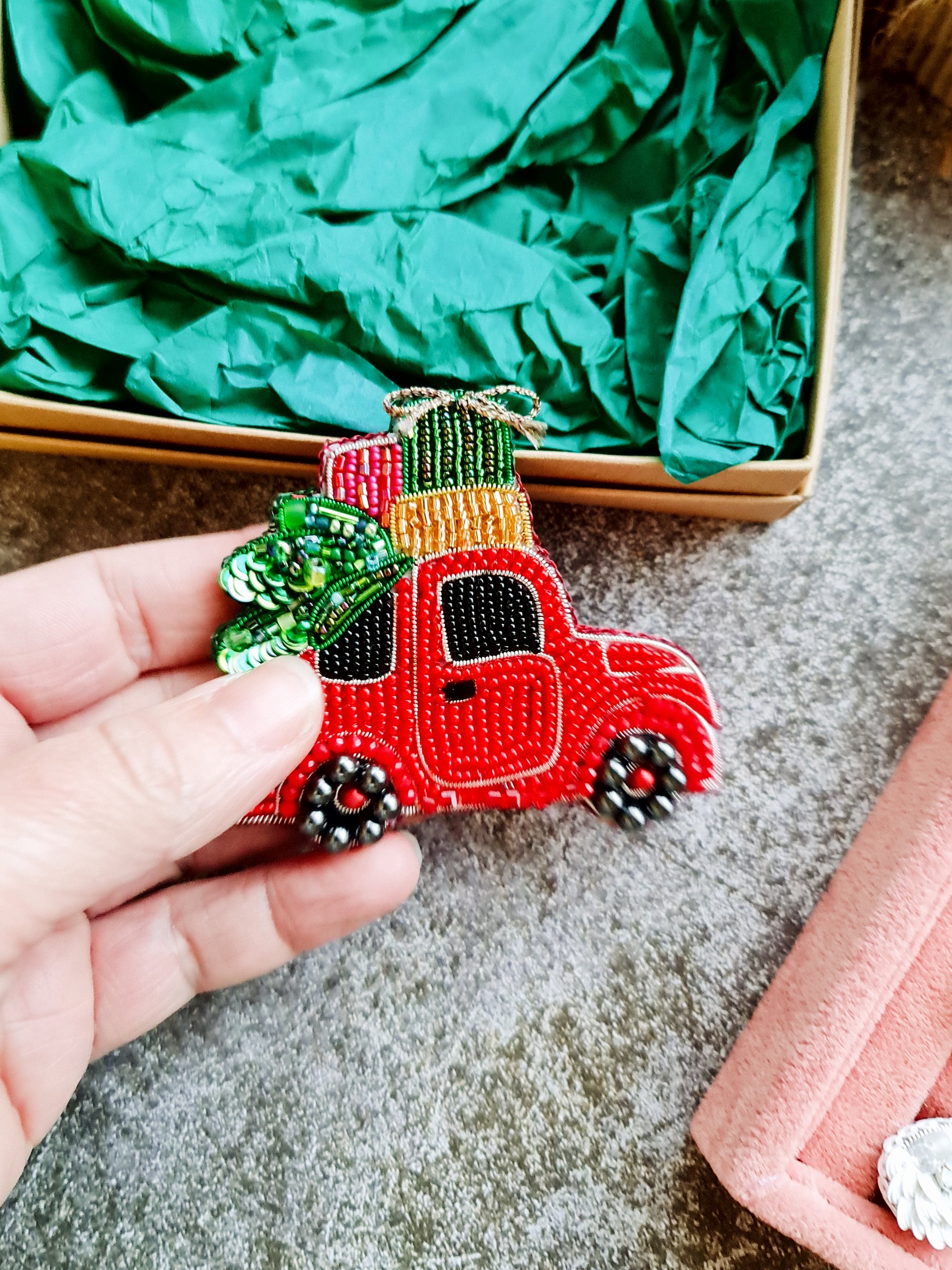 Vintage Red Truck Brooch with Christmas Tree