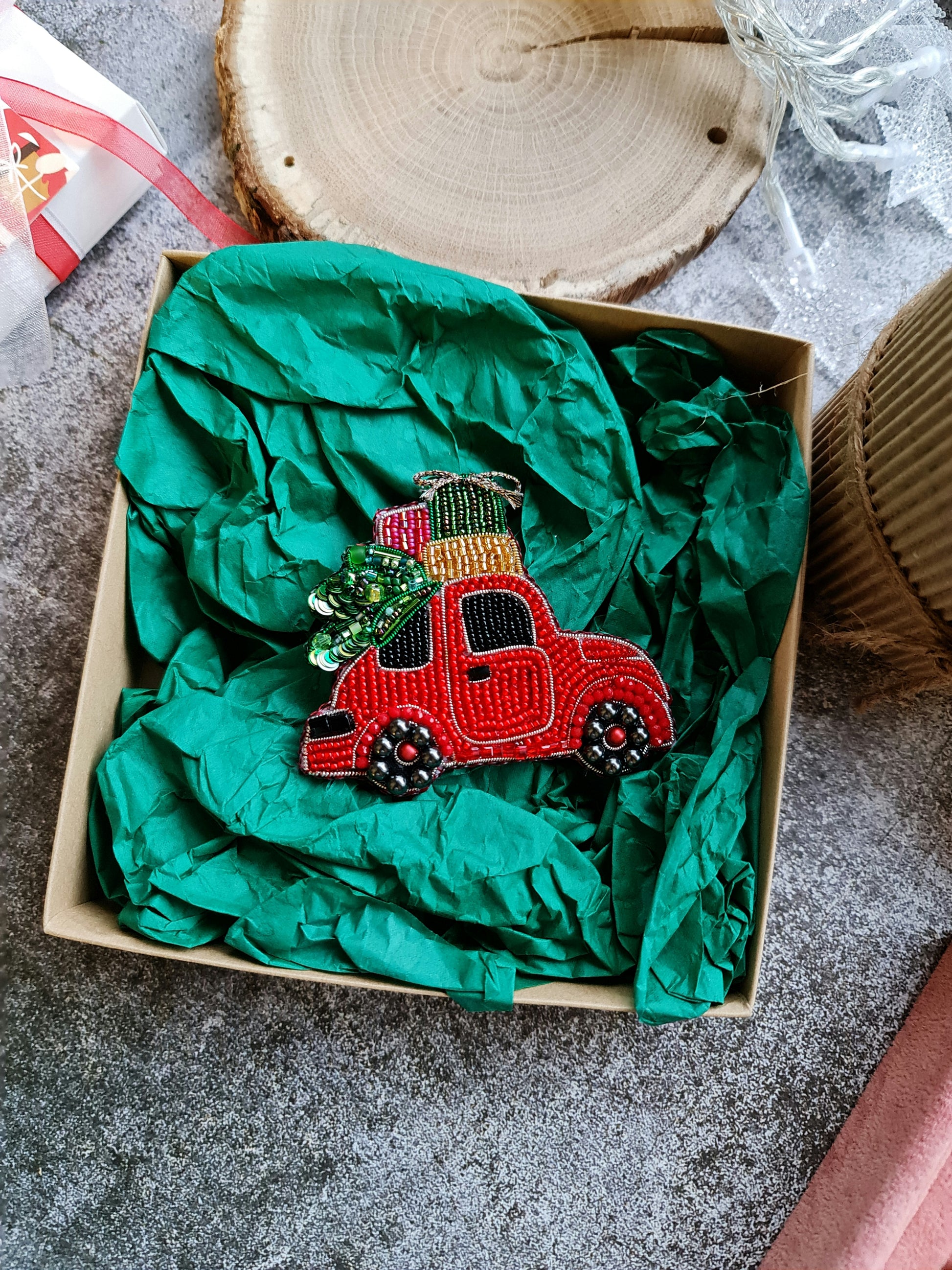Vintage Red Truck Brooch with Christmas Tree