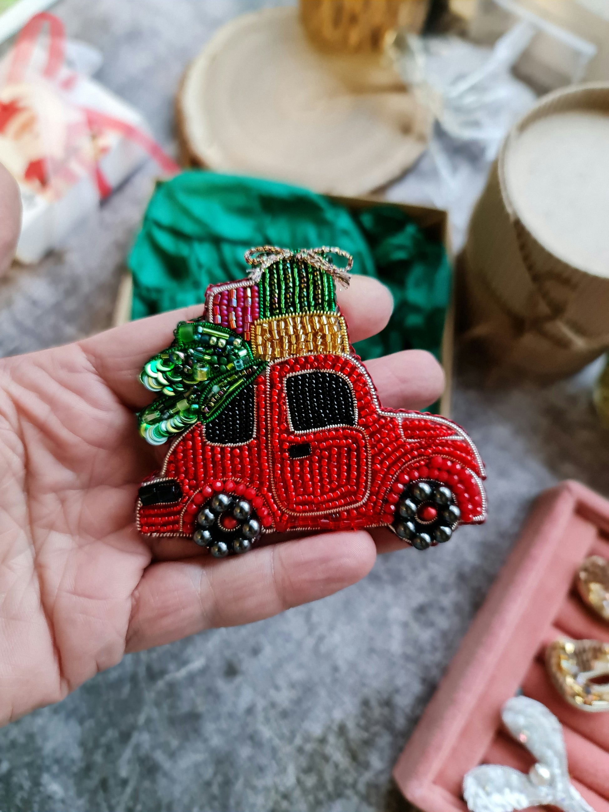 Vintage Red Truck Brooch with Christmas Tree