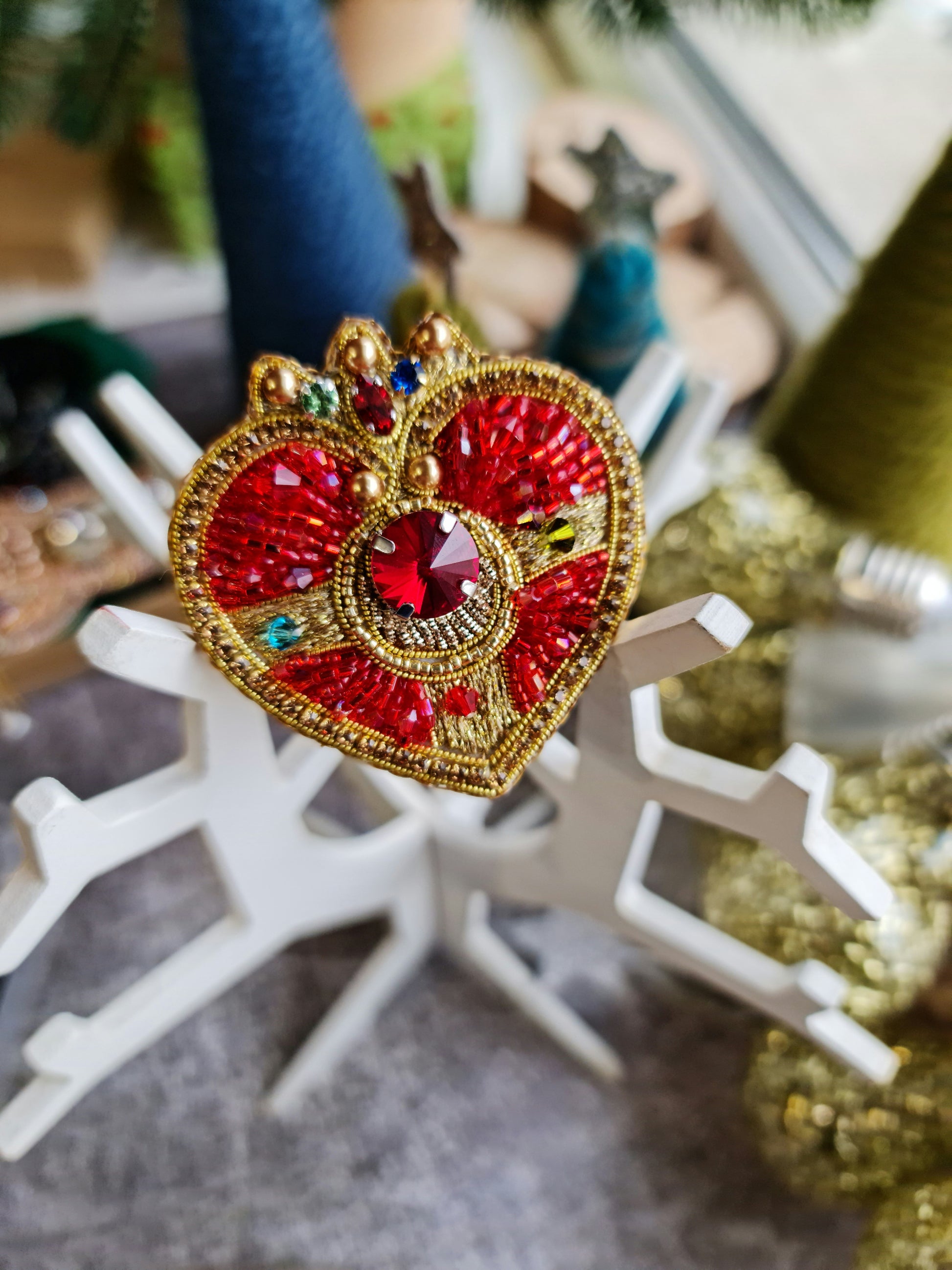 Handmade beaded brooch inspired by magical girl anime, featuring intricate embroidery and shimmering beads in a celestial moon design.