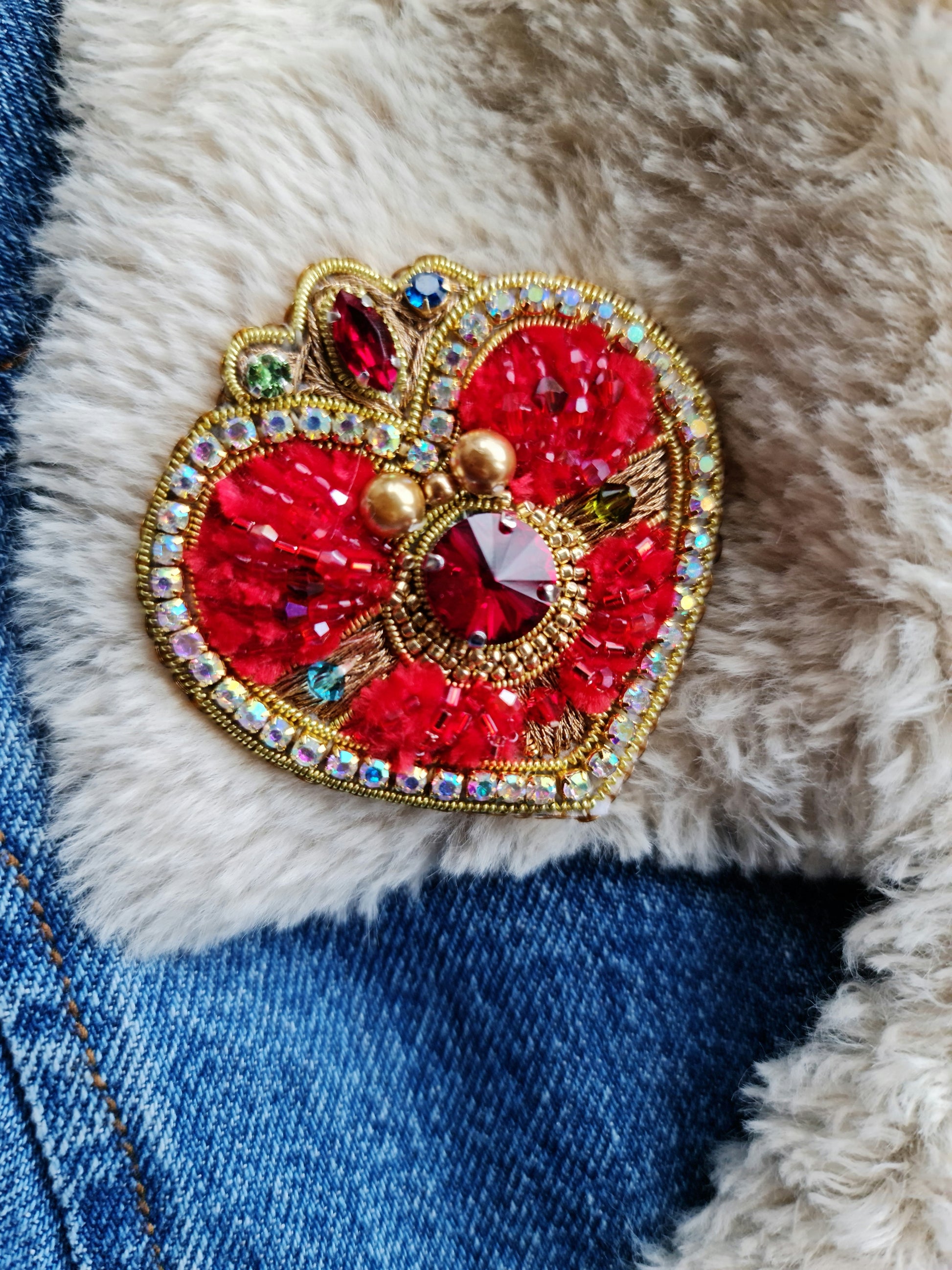 Handmade beaded brooch inspired by magical girl anime, featuring intricate embroidery and shimmering beads in a celestial moon design.
