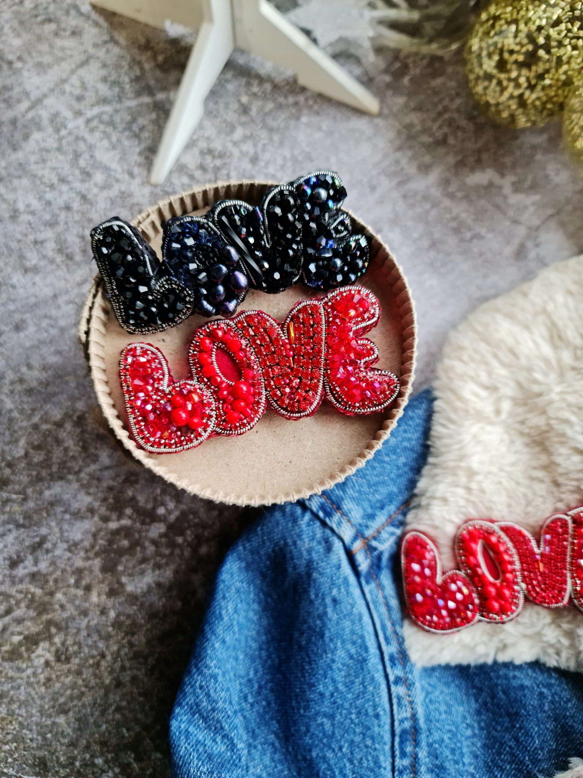 Love beaded brooch hand embroidered in red and black colors with crystals beads and metallic details