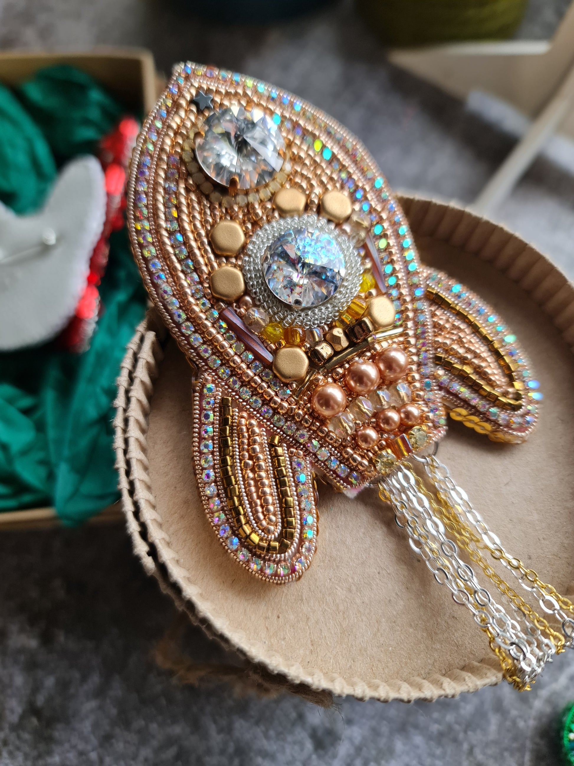 Rocket Beaded Brooch, Hand Embroidered Space Pin