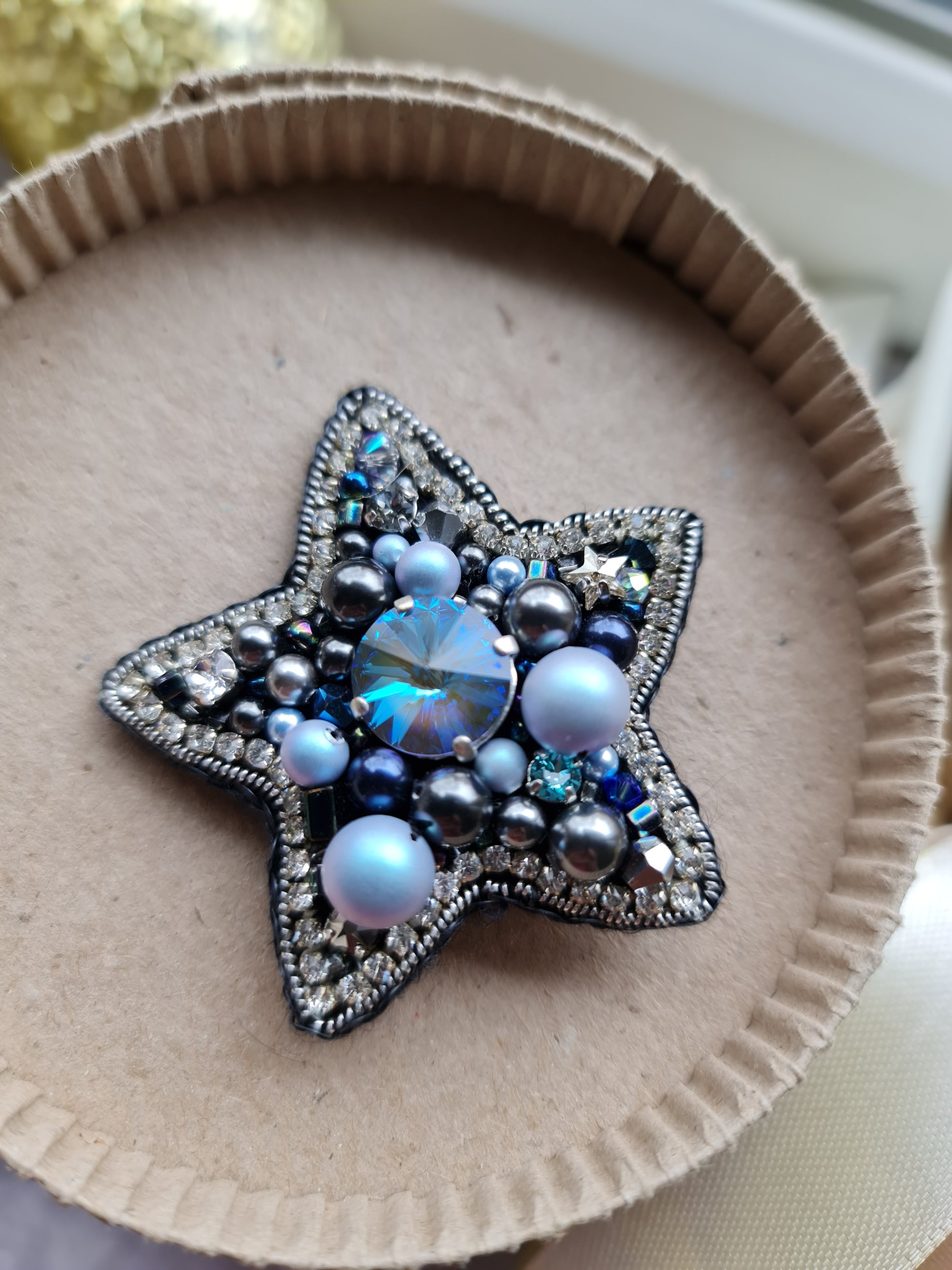 Blue Star Beaded Brooch