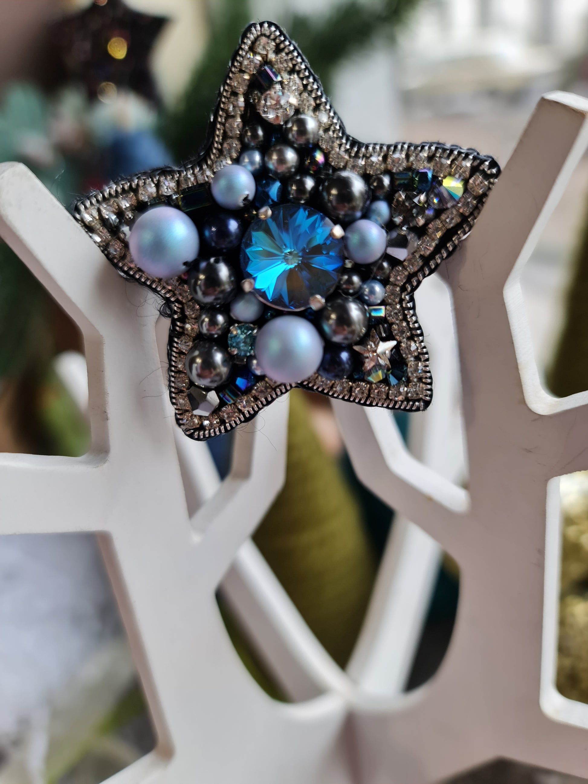 Blue Star Beaded Brooch