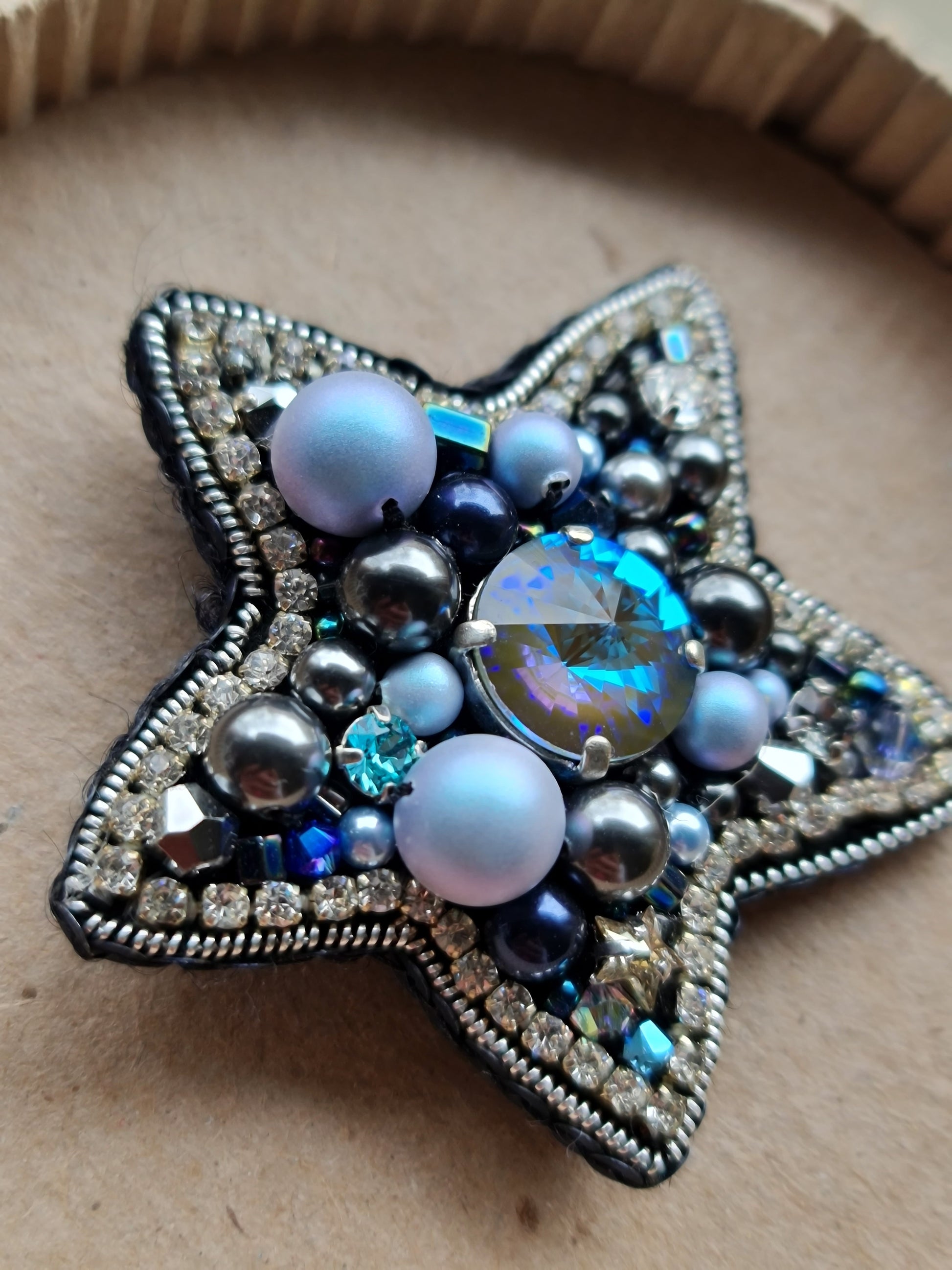 Blue Star Beaded Brooch