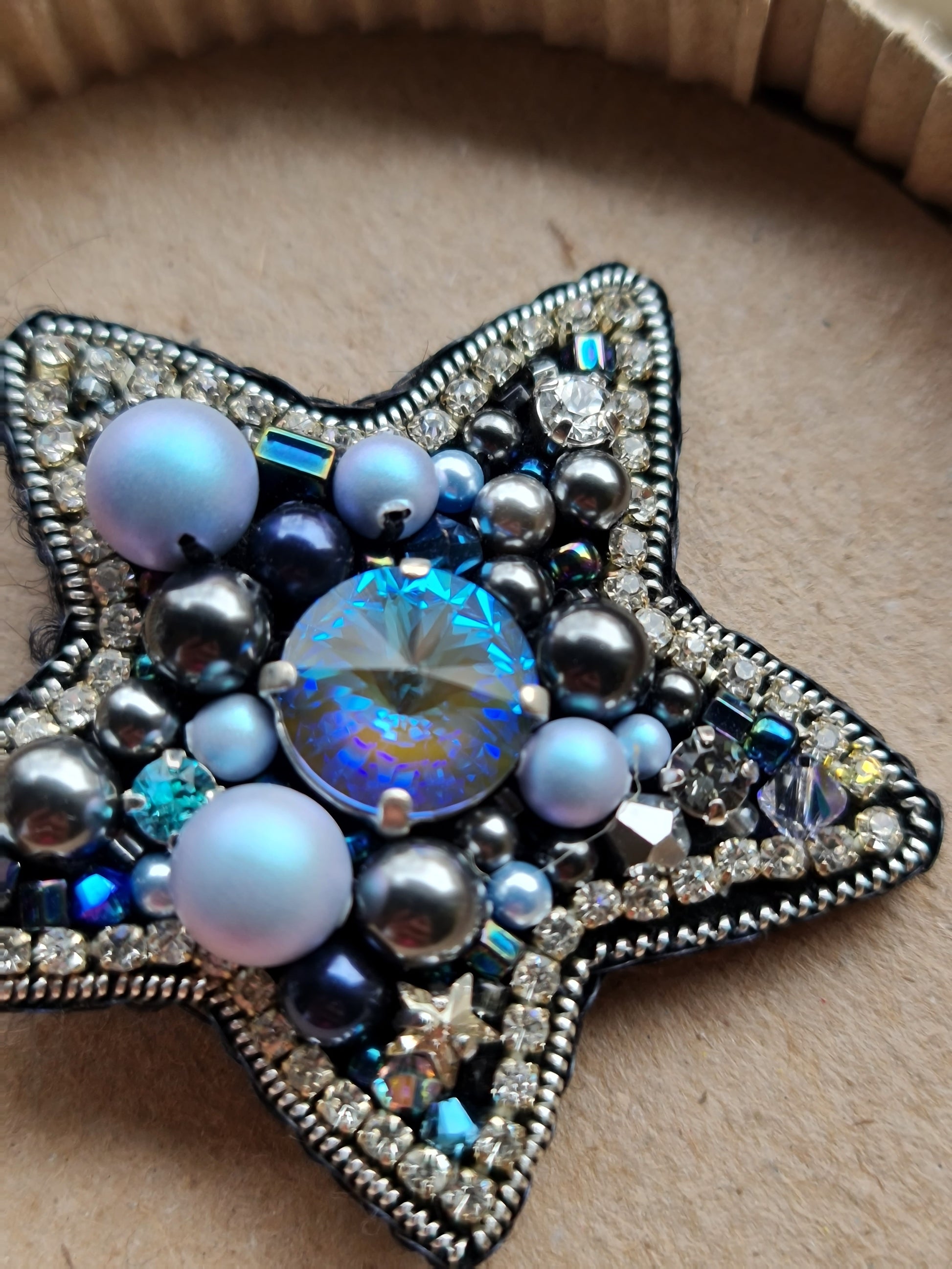 Blue Star Beaded Brooch