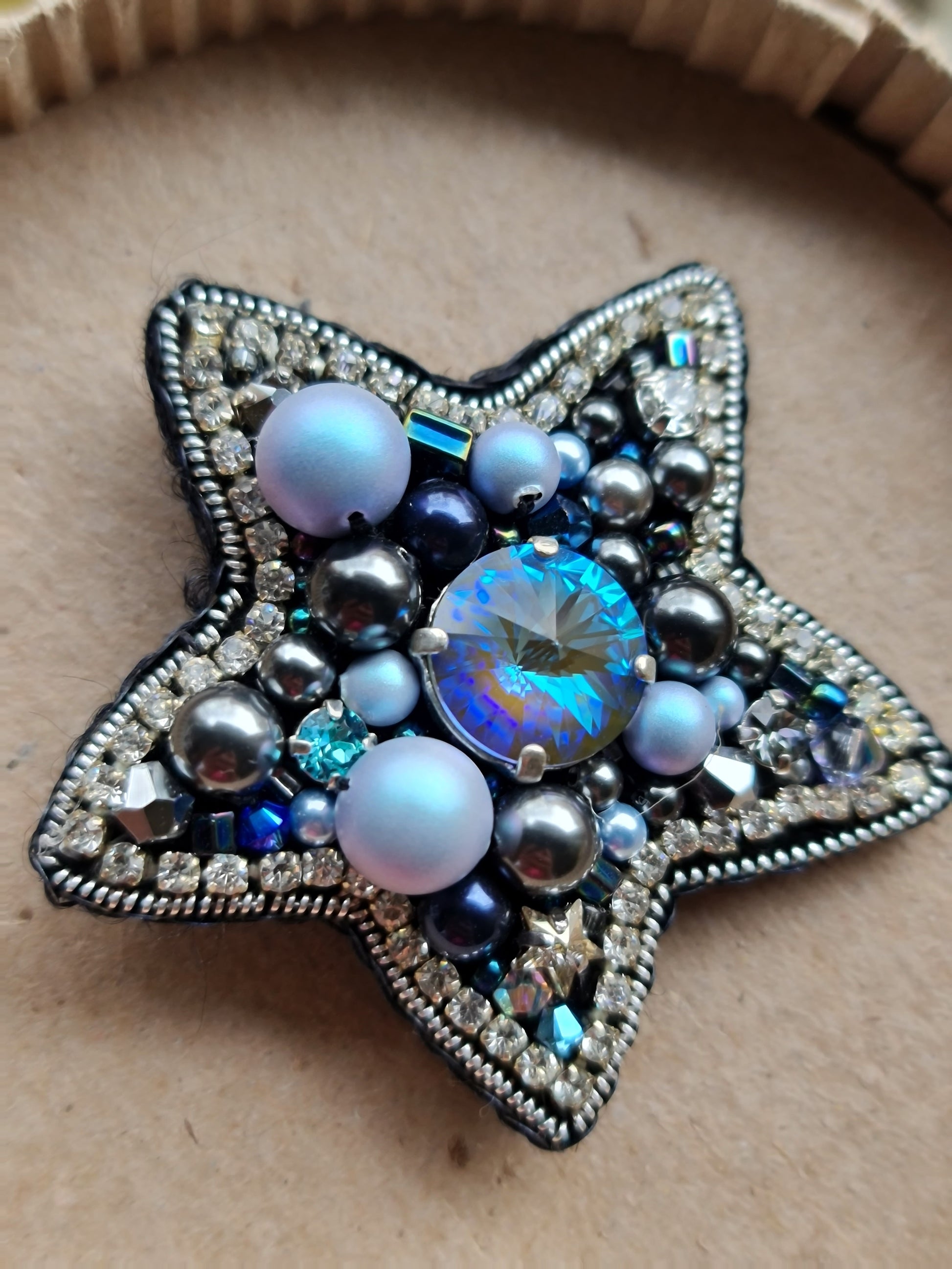 Blue Star Beaded Brooch